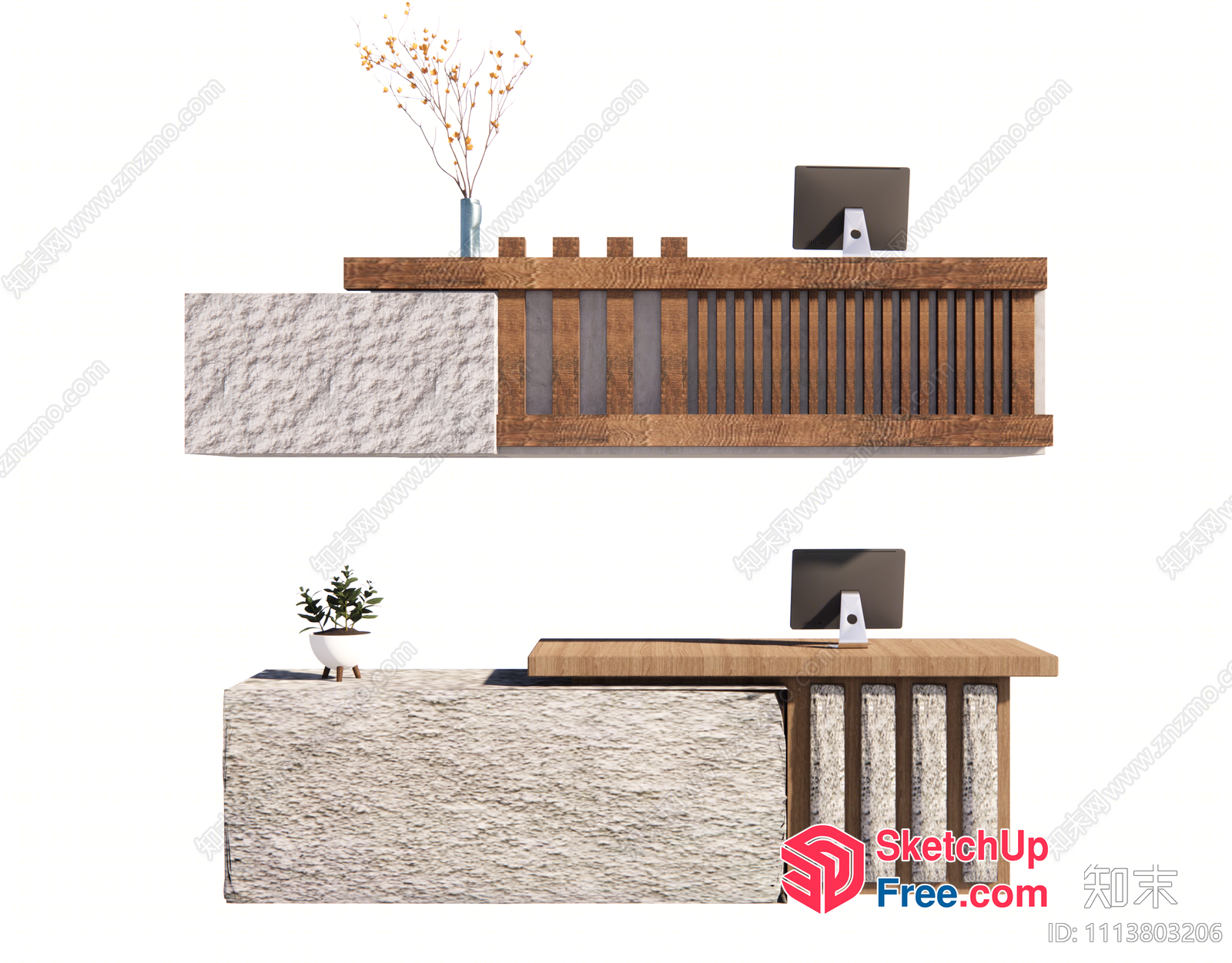 Modern Office Reception Desk With Natural Wood And Stone Elements 3D SketchUp File