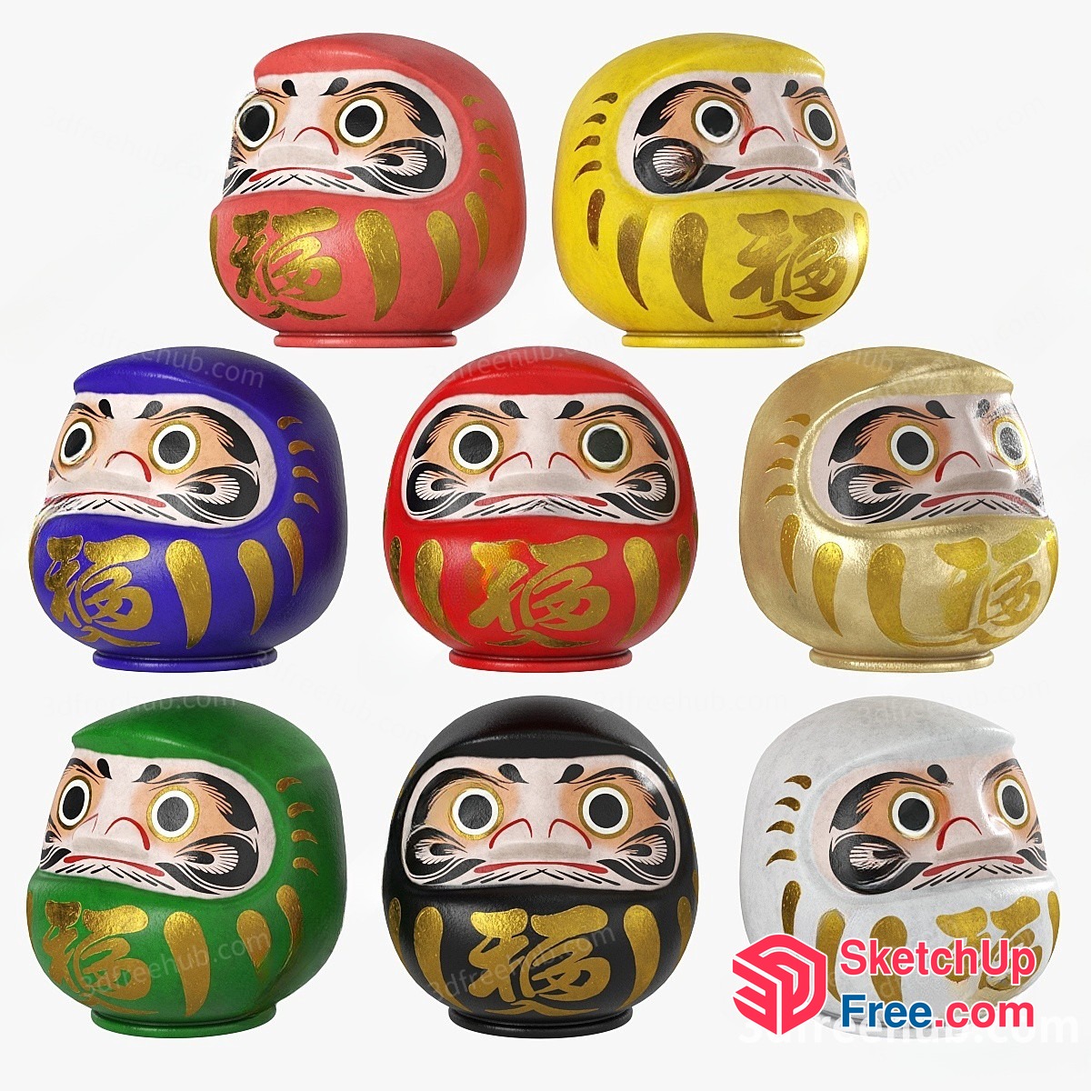 Colorful Daruma Dolls With Traditional Japanese Design 3D SketchUp File