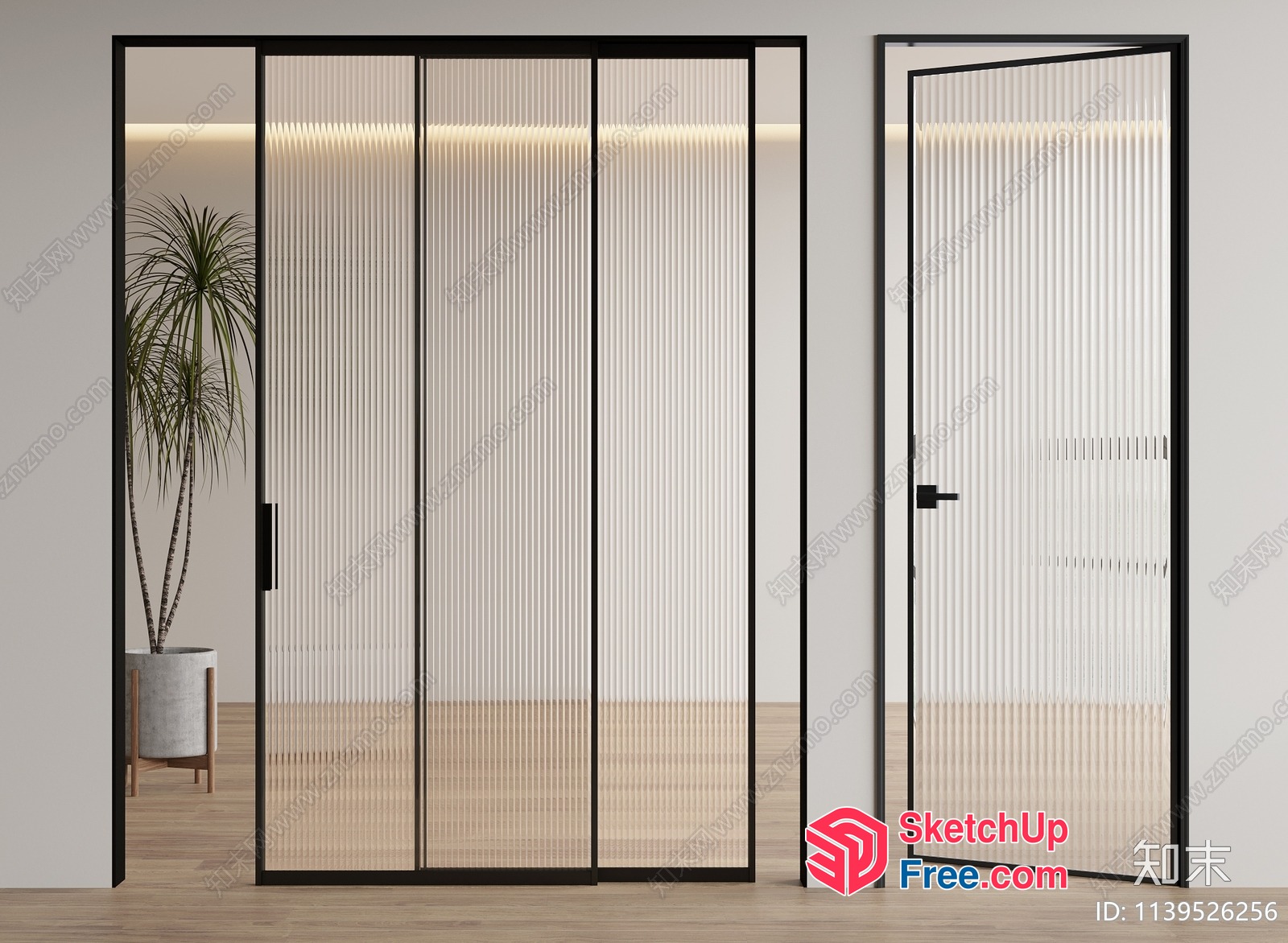 Modern Glass Door With Fluted Glass And Black Frame 3D SketchUp File