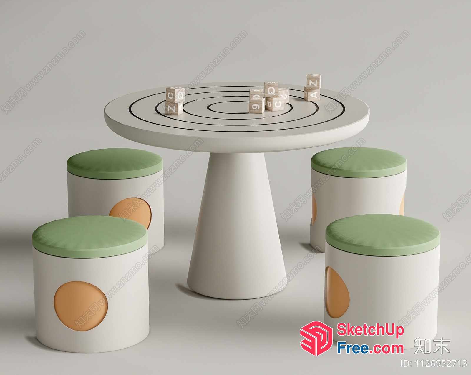 Modern White Table And Green Stool Set 3D SketchUp File