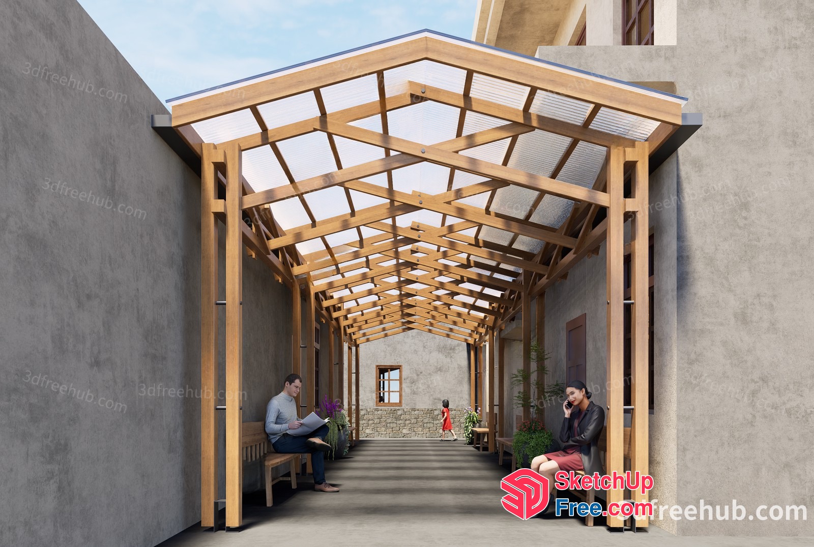 Interior Courtyard With Roof And Benches 3D SketchUp File