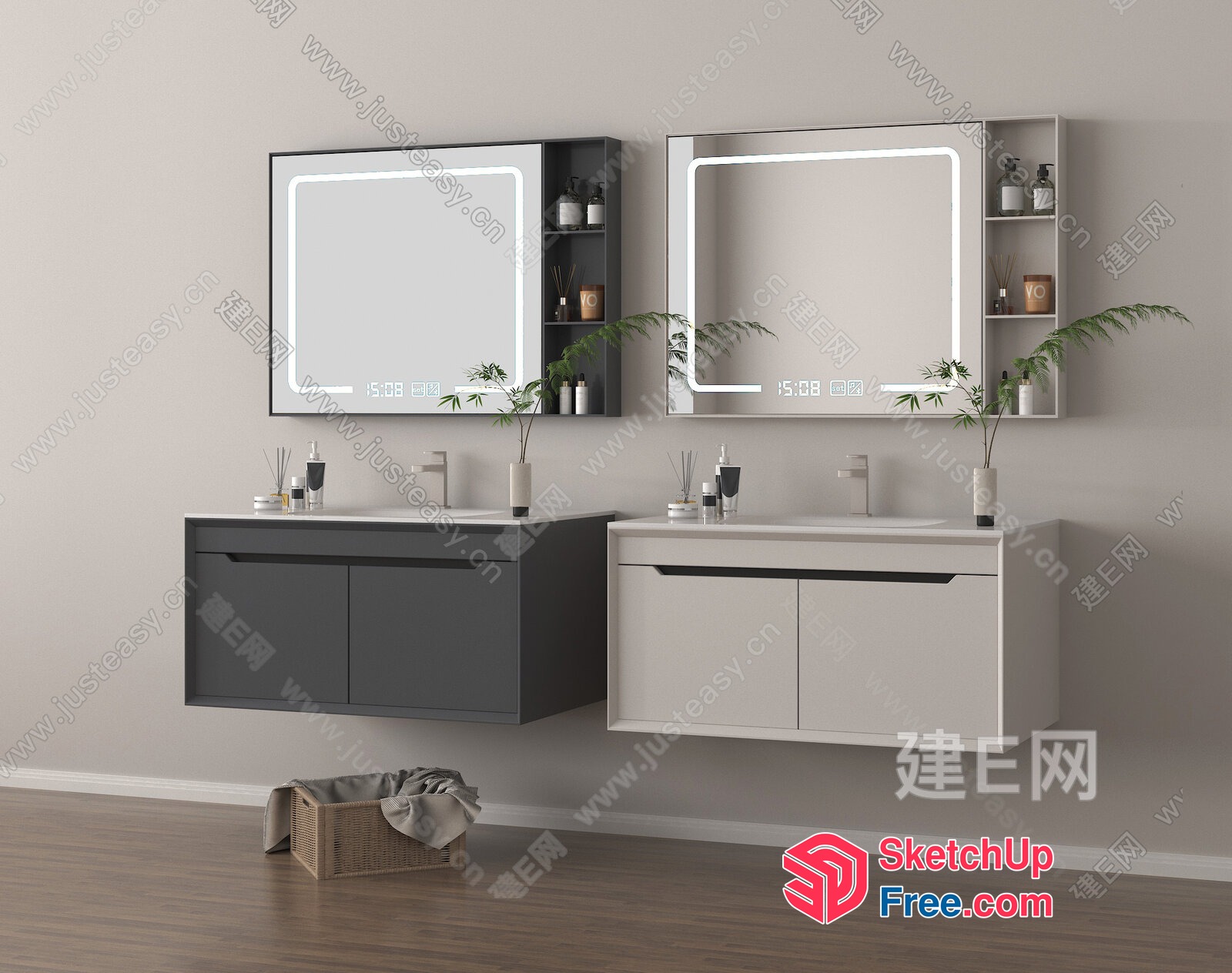 Modern Bathroom Vanity With Led Lighting And Plant Decor 3D SketchUp File
