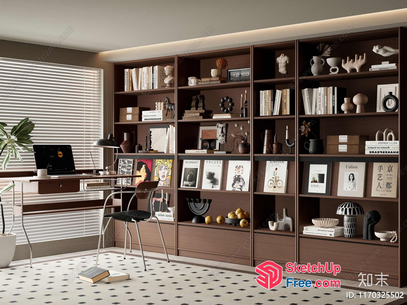 Modern Home Office With Bookcase And Window 3D SketchUp File
