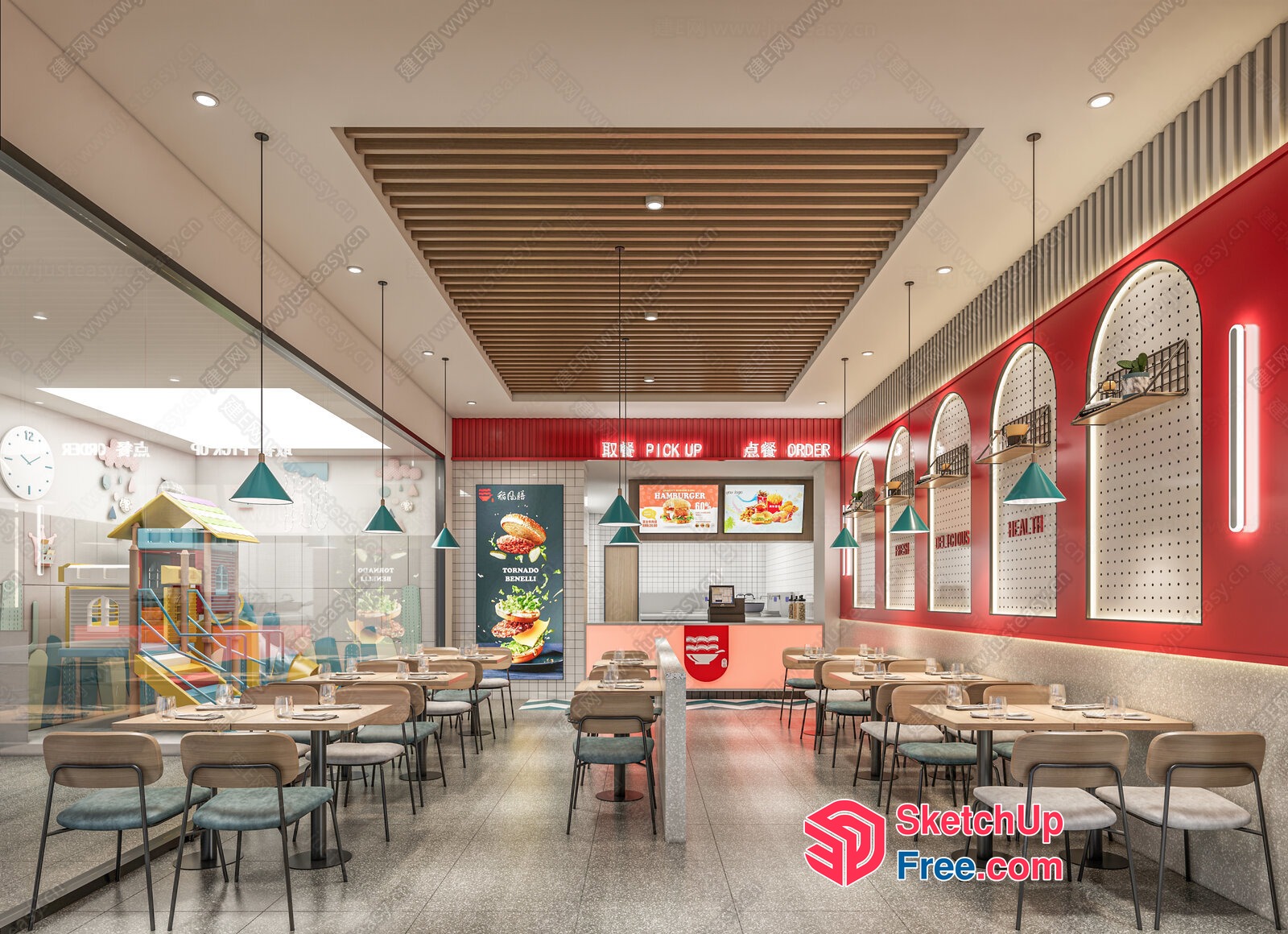 Modern Restaurant Interior With Play Area And Food Counter 3D SketchUp File