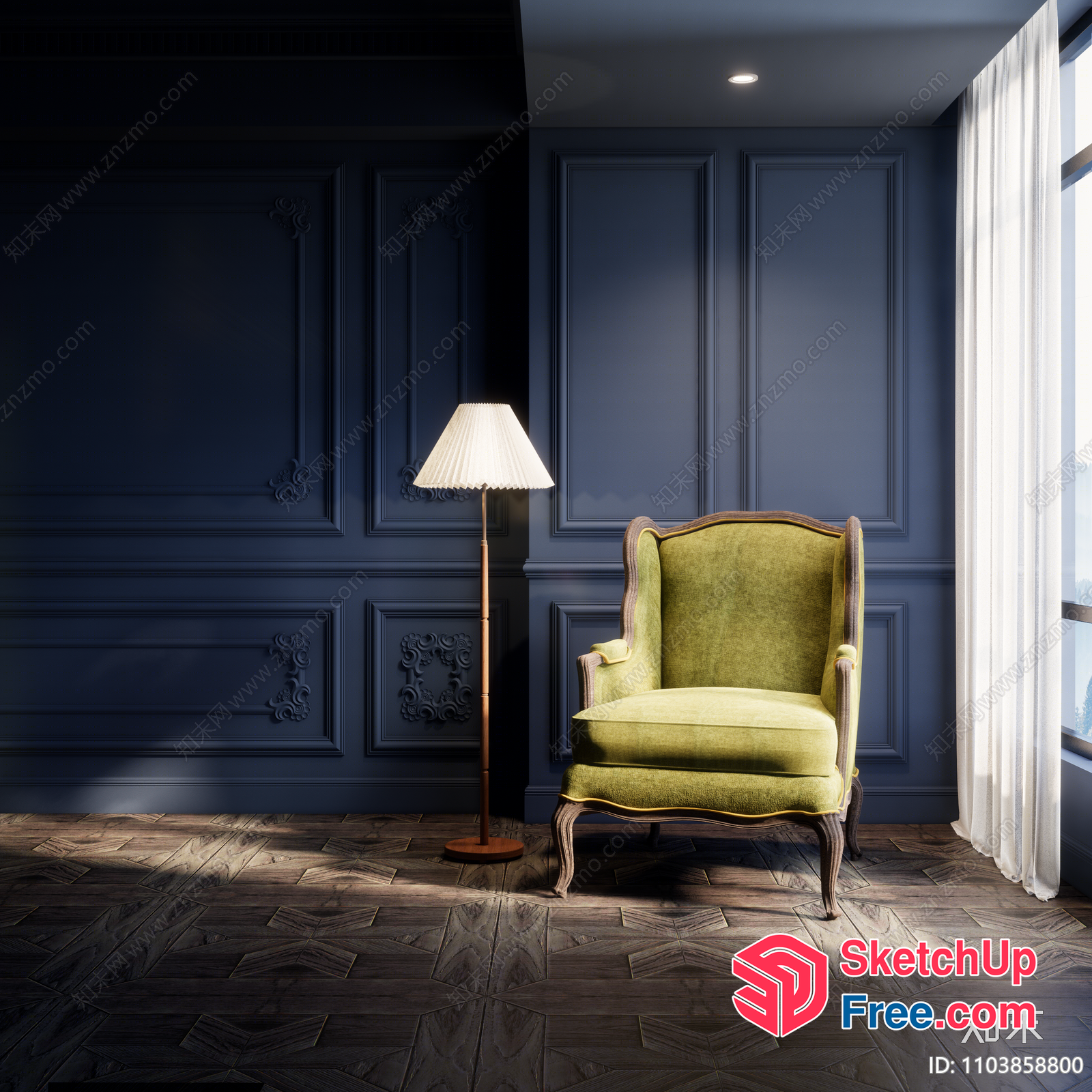 Elegant Green Armchair With Floor Lamp And Wall Decor 3D SketchUp File