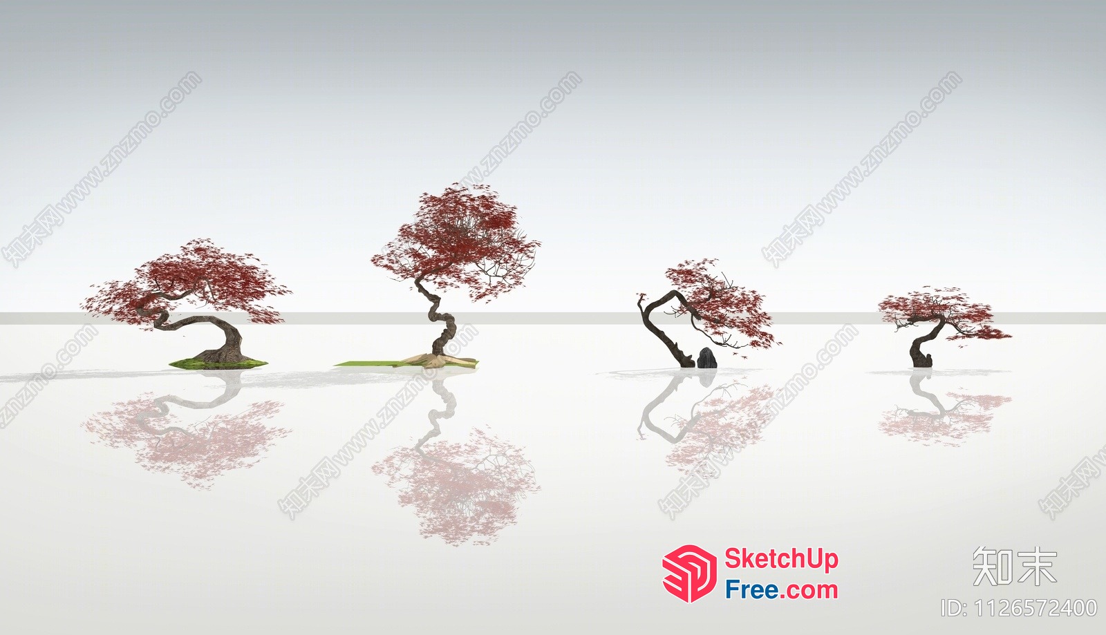 Serene Japanese Landscape With Red Trees And Water Reflections 3D SketchUp File