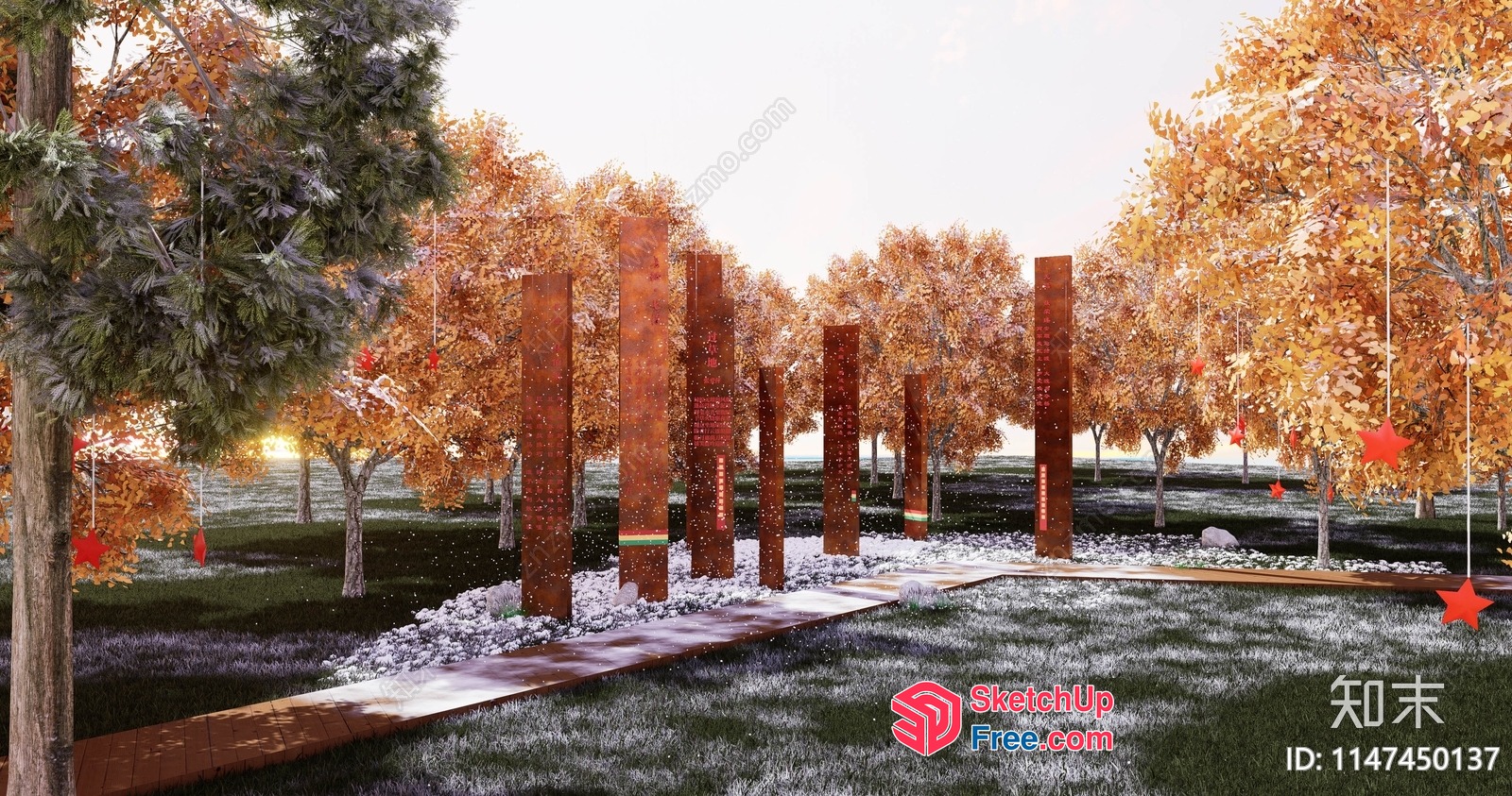 Autumnal Pillar And Pathway Scene 3D SketchUp File