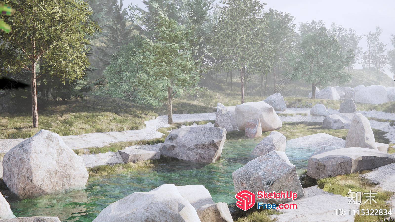 Serene Natural Landscape With Large Rocks And Water 3D SketchUp File