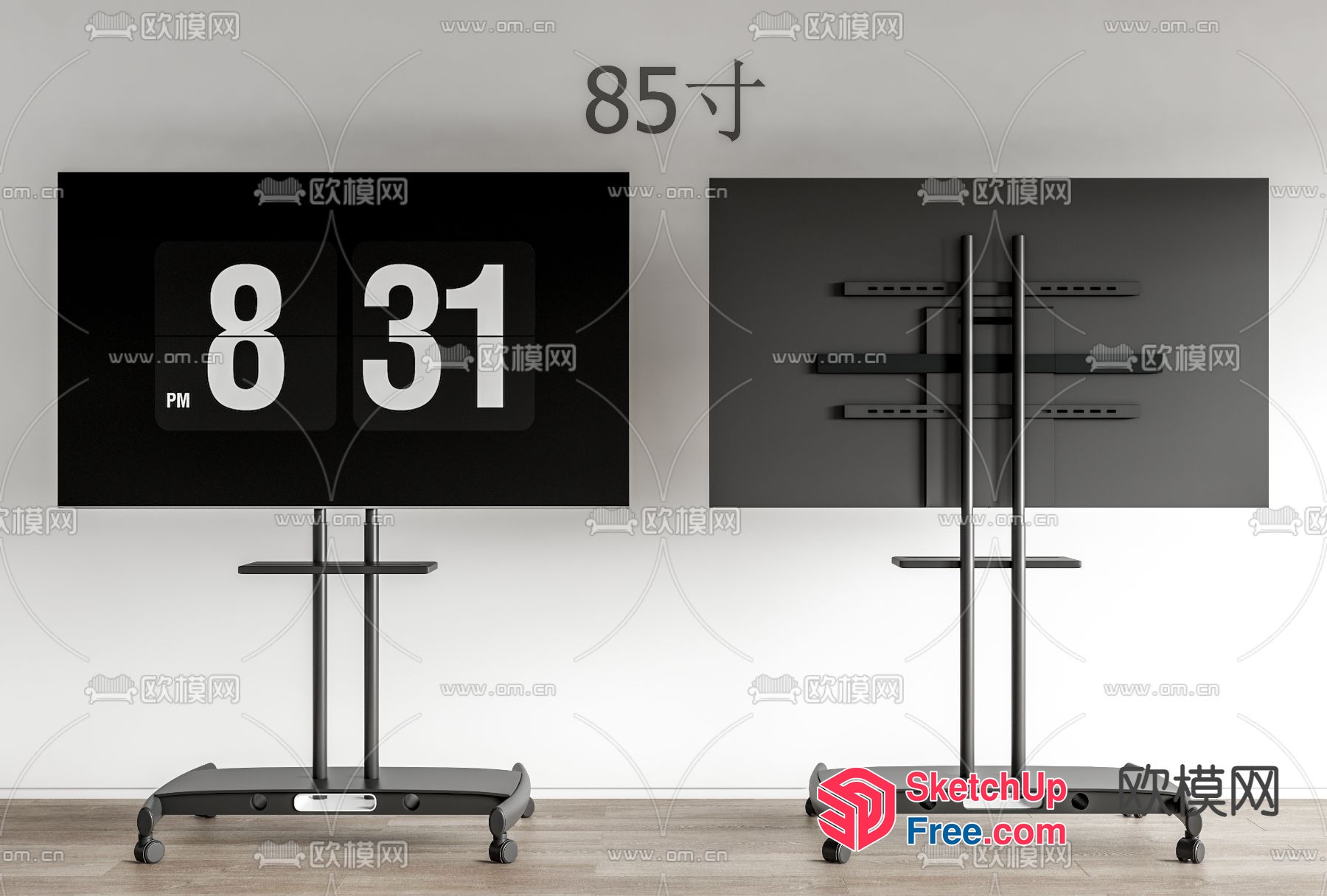 Modern Tv Stand With Digital Clock And Wheels 3D SketchUp File