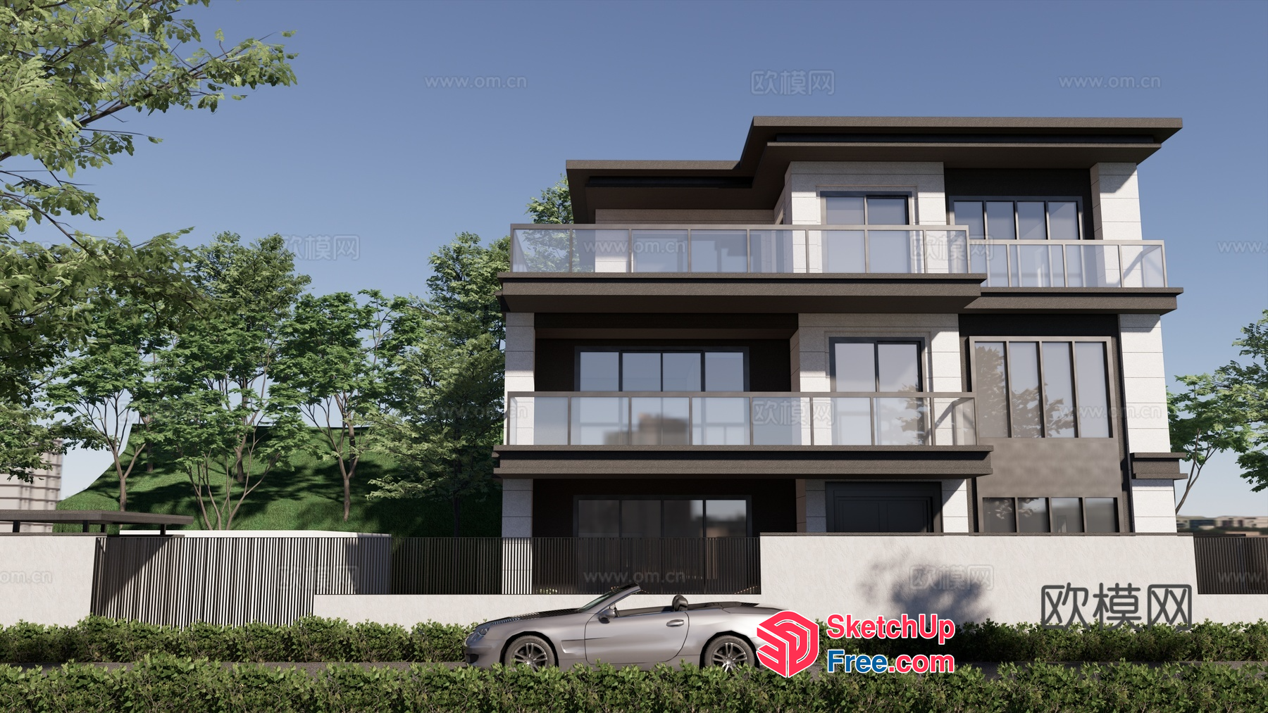 Modern Villa Exterior With Balcony And Car 3D SketchUp File