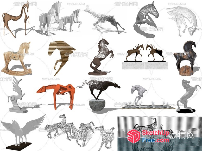 Various Horse Sculptures In Different Styles 3D SketchUp File