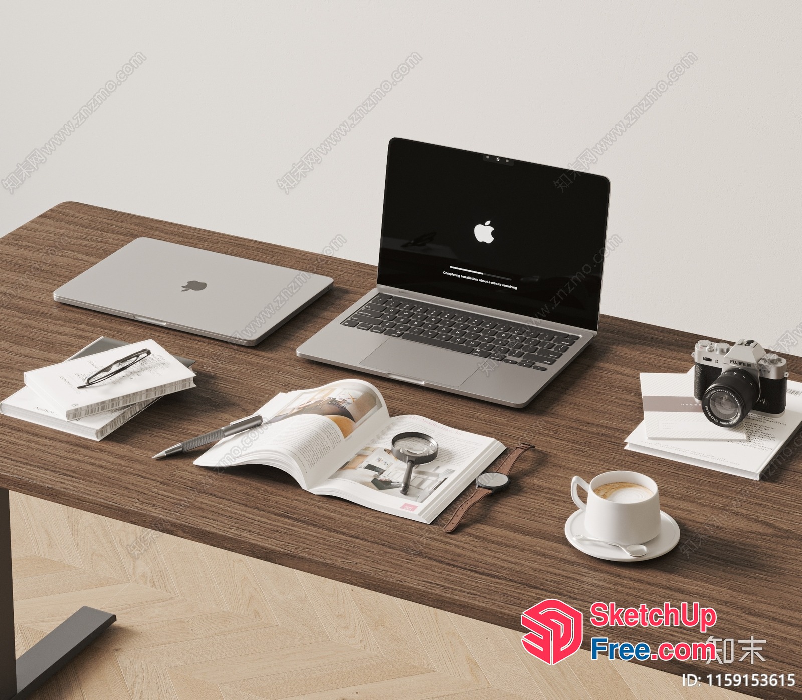 Modern Office Workspace With Wooden Desk And Apple Laptops 3D SketchUp File