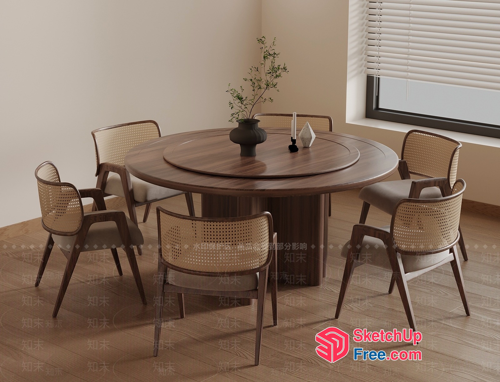 Modern Round Wooden Dining Table With Rattan Chairs 3D SketchUp File
