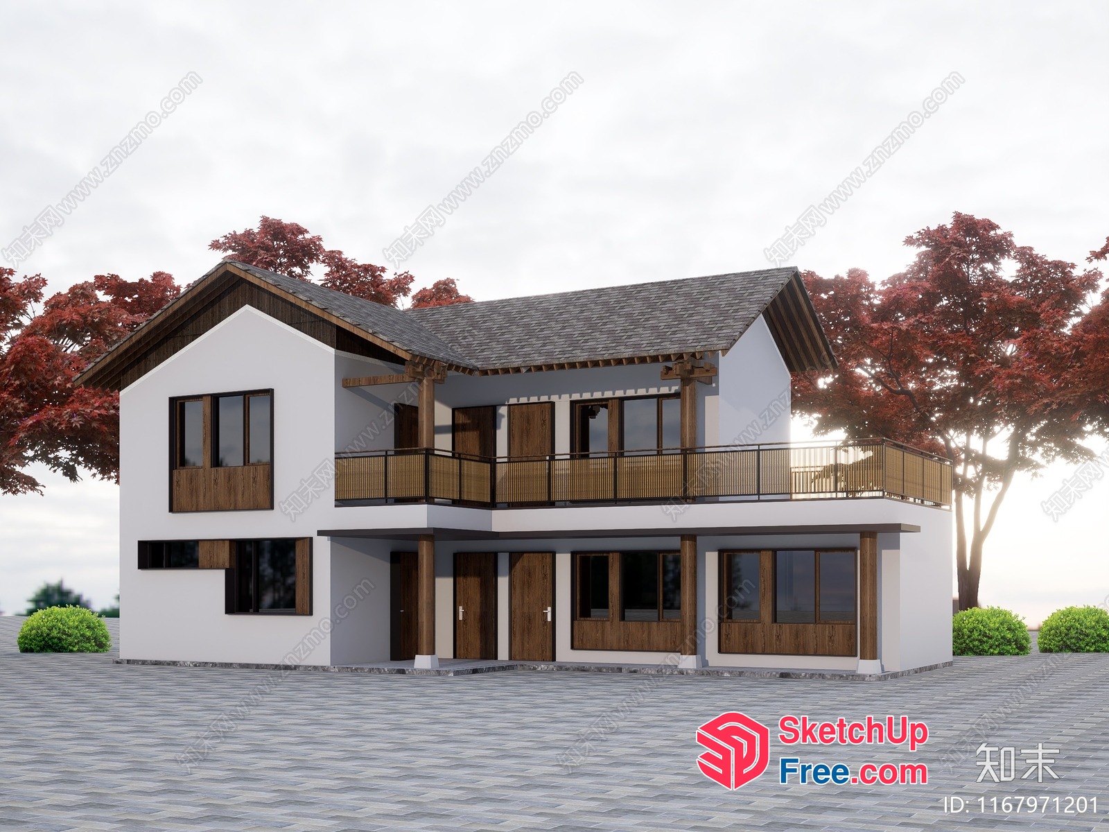 Exterior Two-Story House With Balcony And Stairs 3D SketchUp File