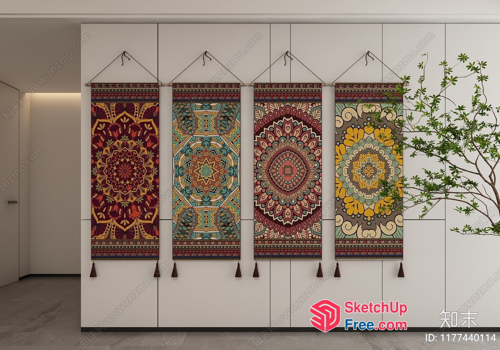 Ornate Wall Art Hanging Mandala Tapestry Set 3D SketchUp File
