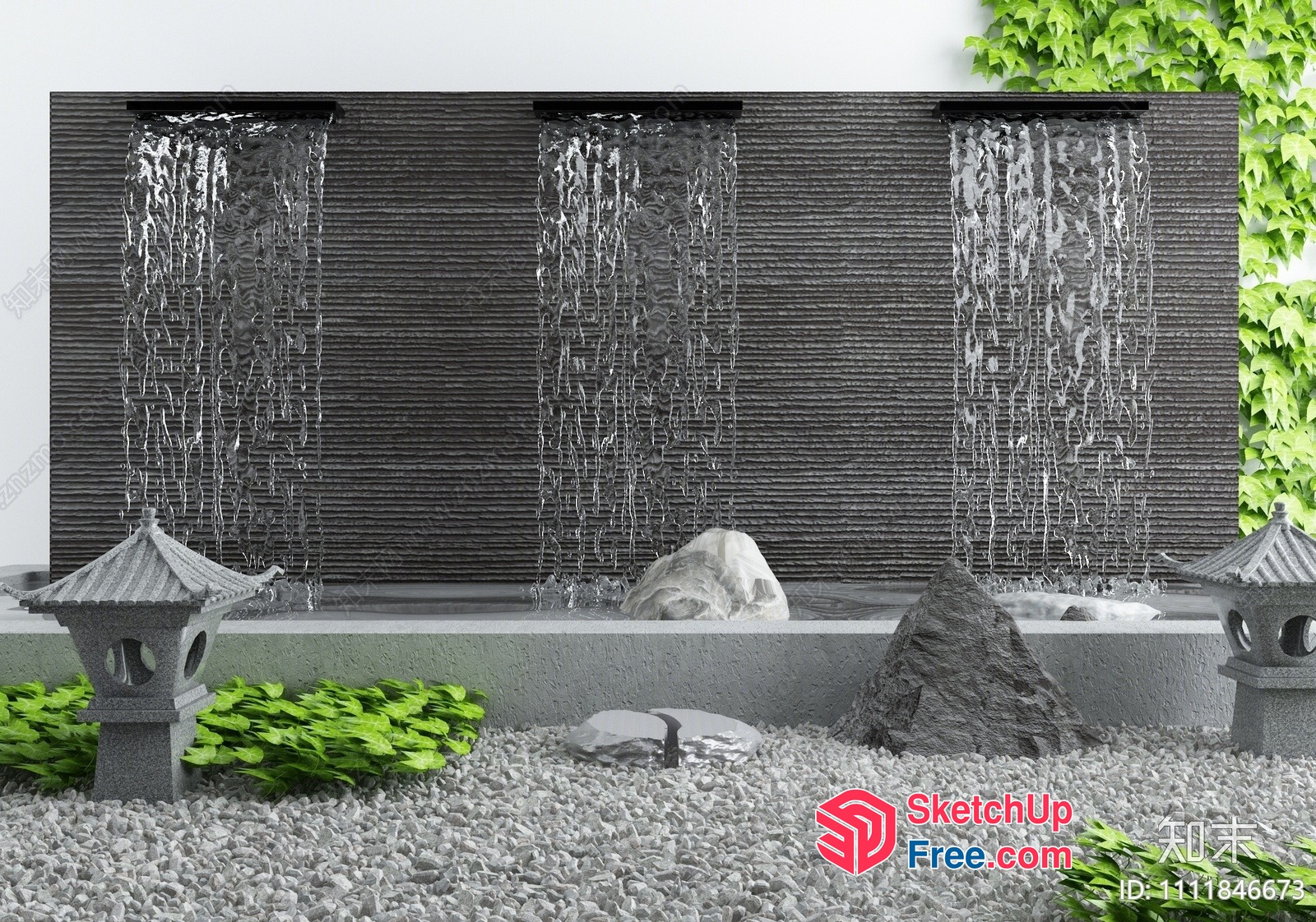 Asian-Inspired Waterfall Feature 3D SketchUp File