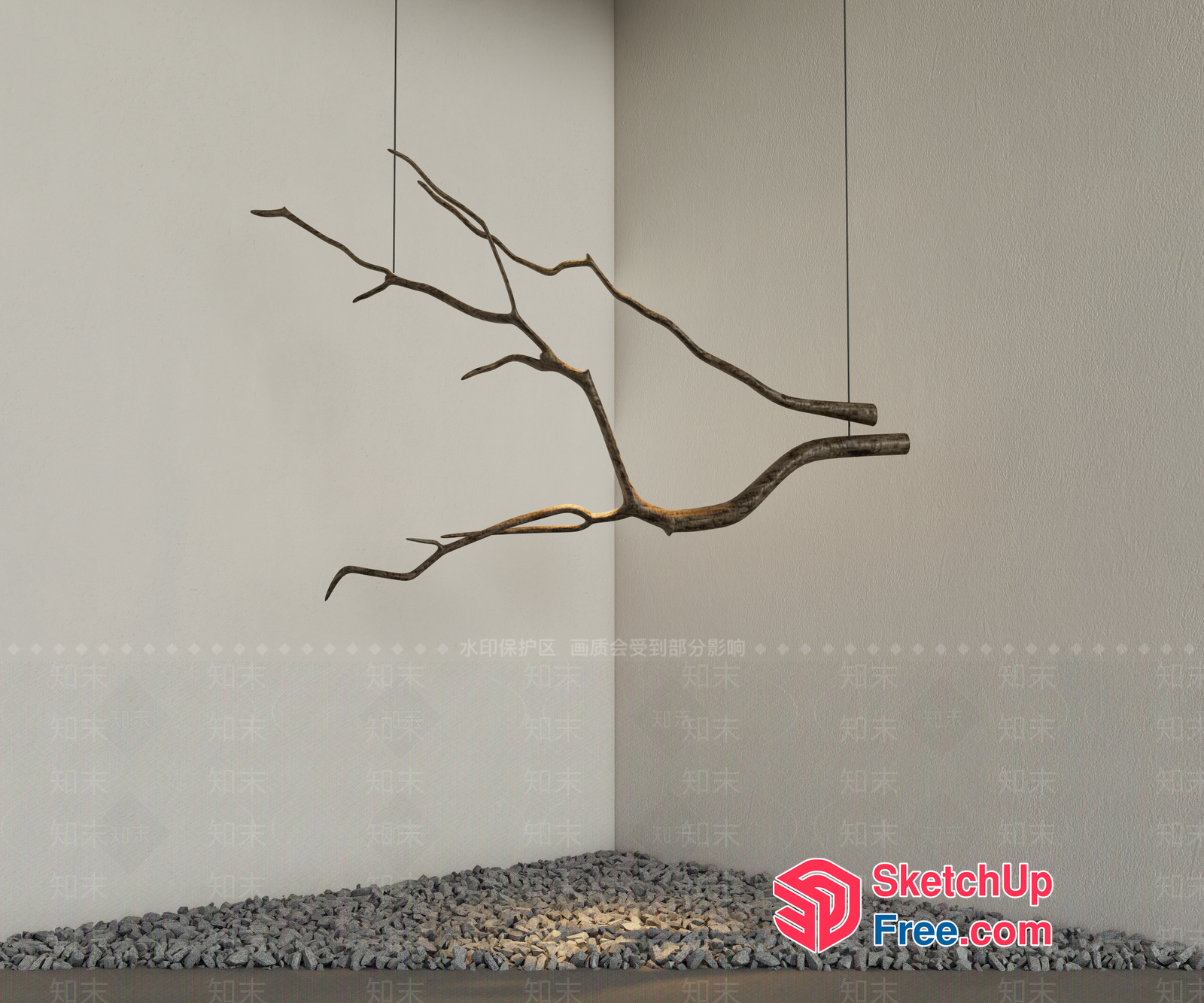 Minimalist Japanese Style Branches Suspended In Corner 3D SketchUp File