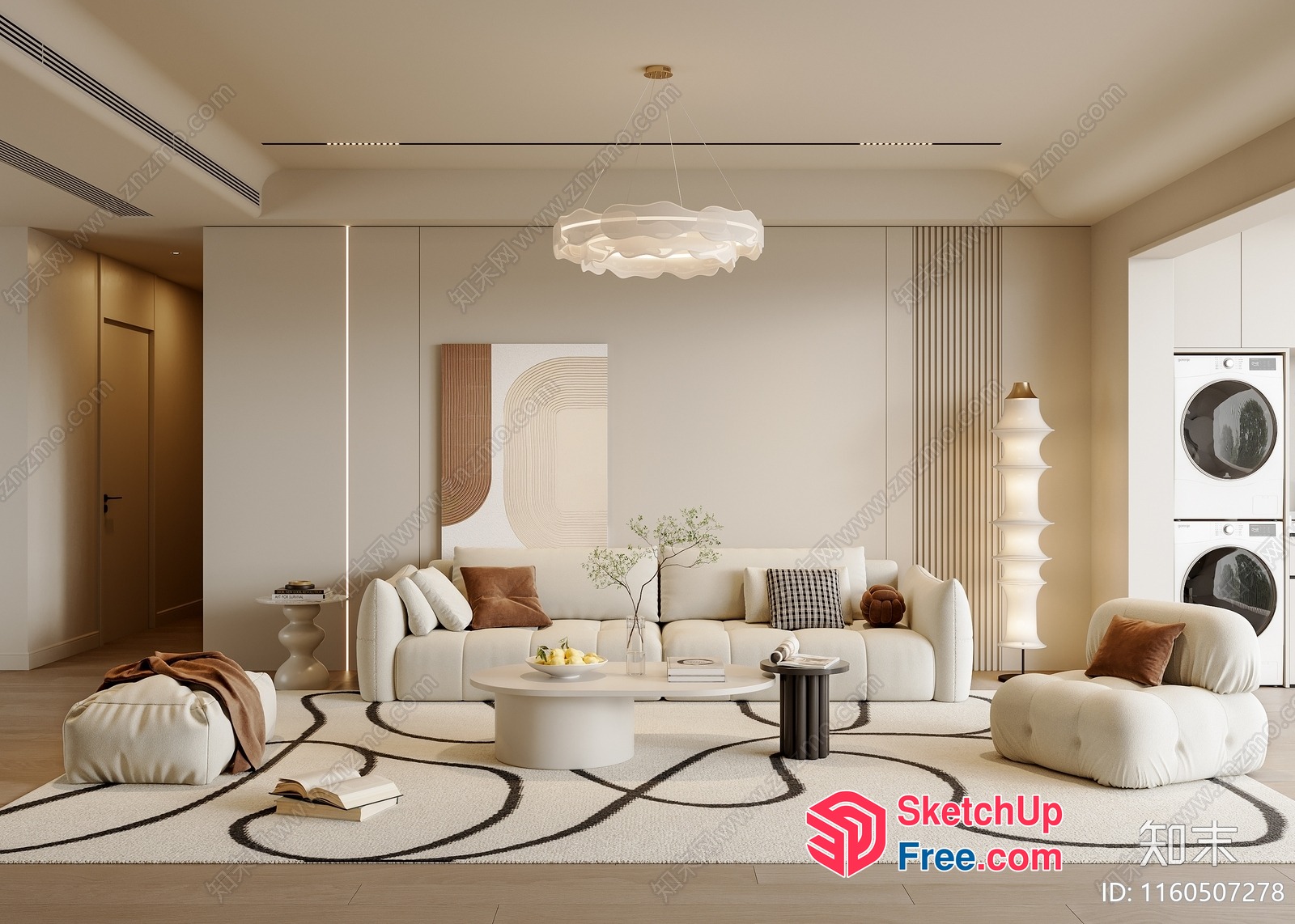 Elegant Modern Living Room With Creamy Style Furniture 3D SketchUp File