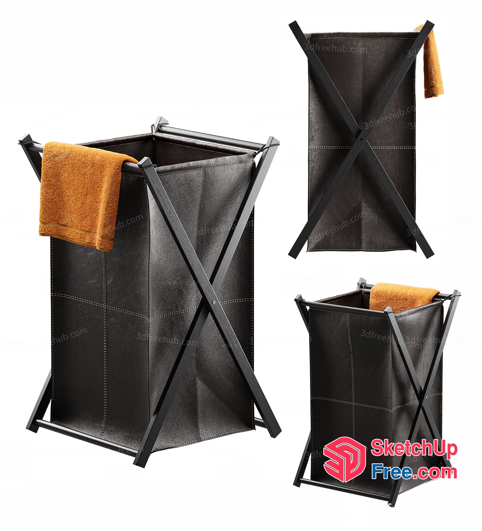 Folding Leather Laundry Hamper With A Yellow Towel 3D SketchUp File