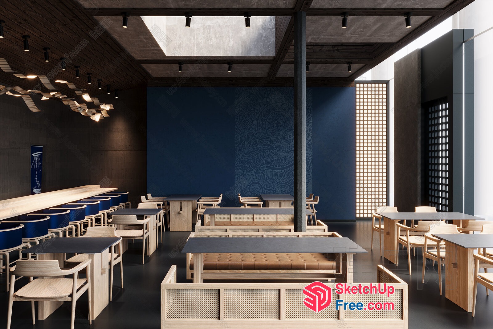 Modern Japanese Restaurant Interior With Natural Wood And Blue Accents 3D SketchUp File