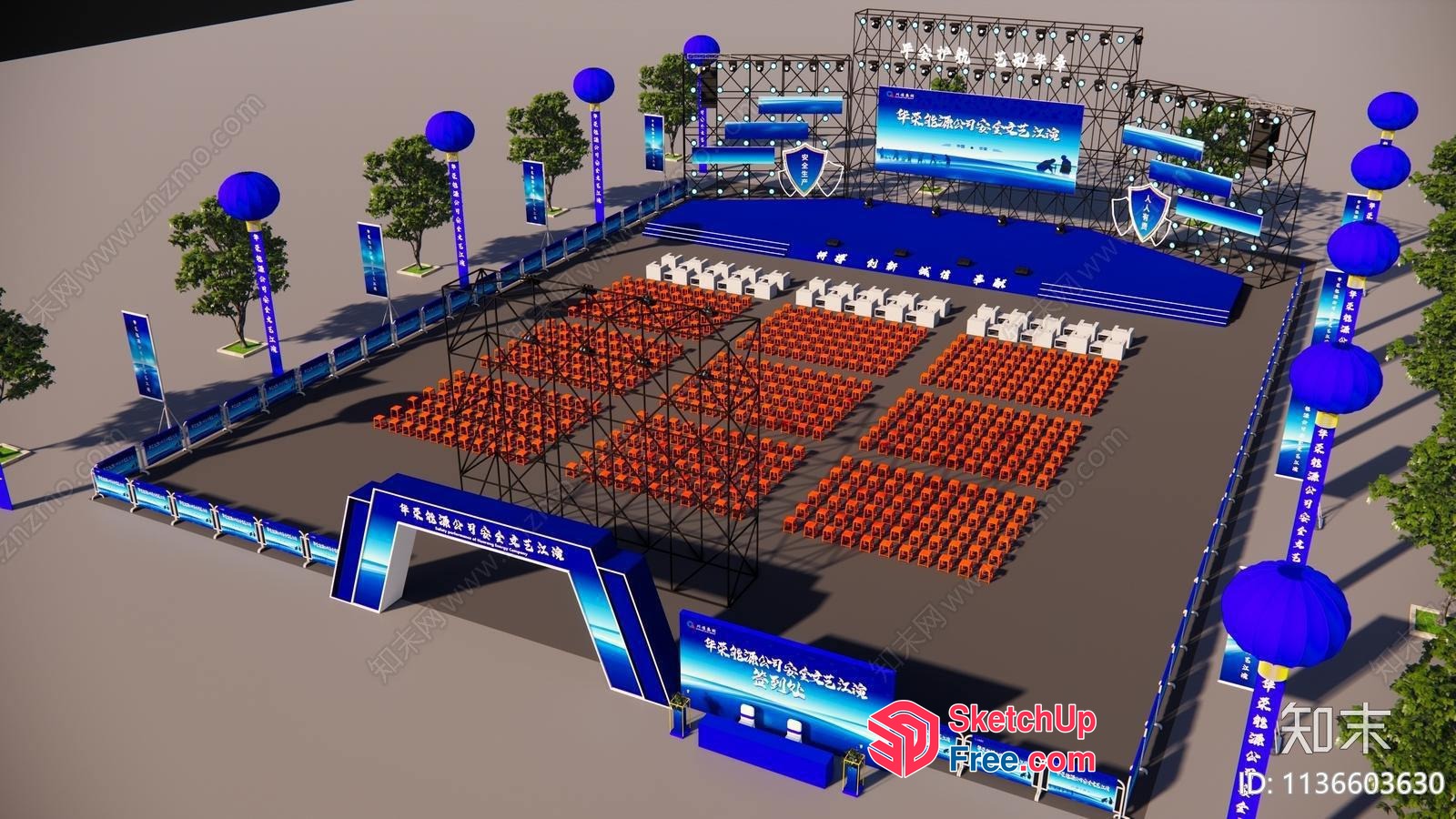 Stage With Blue Decor And Rows Of Chairs 3D SketchUp File