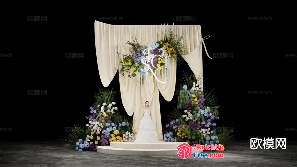 Elegant Wedding Stage With Floral Arrangements And Bride 3D SketchUp File