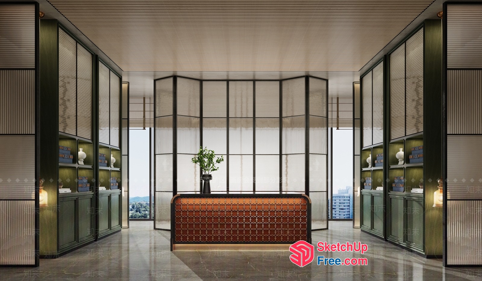 Luxurious Modern Reception Area With Glass Curtain Wall And Marble Floor 3D SketchUp File