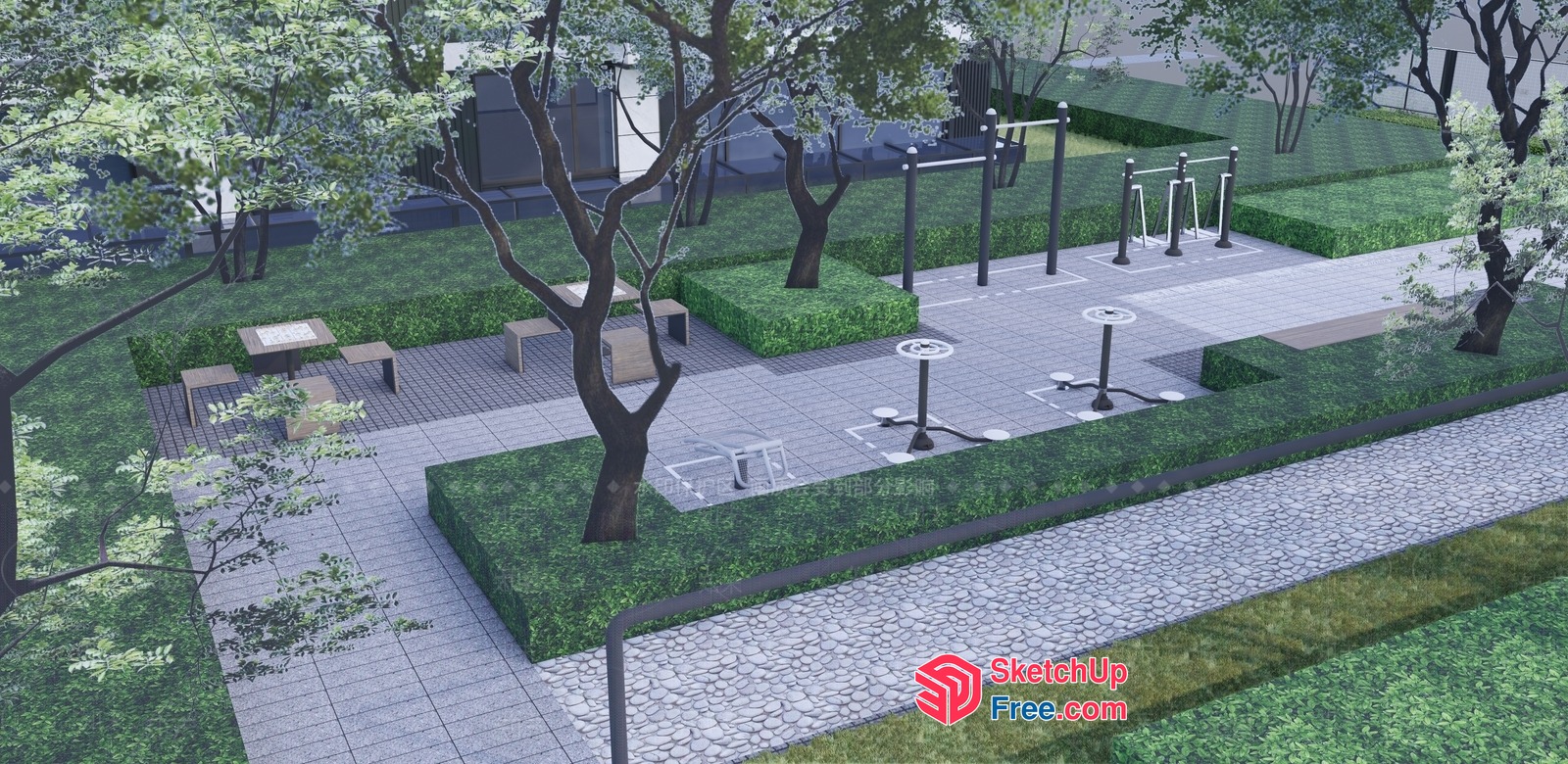 Outdoor Fitness Area With Benches And Exercise Equipment 3D SketchUp File