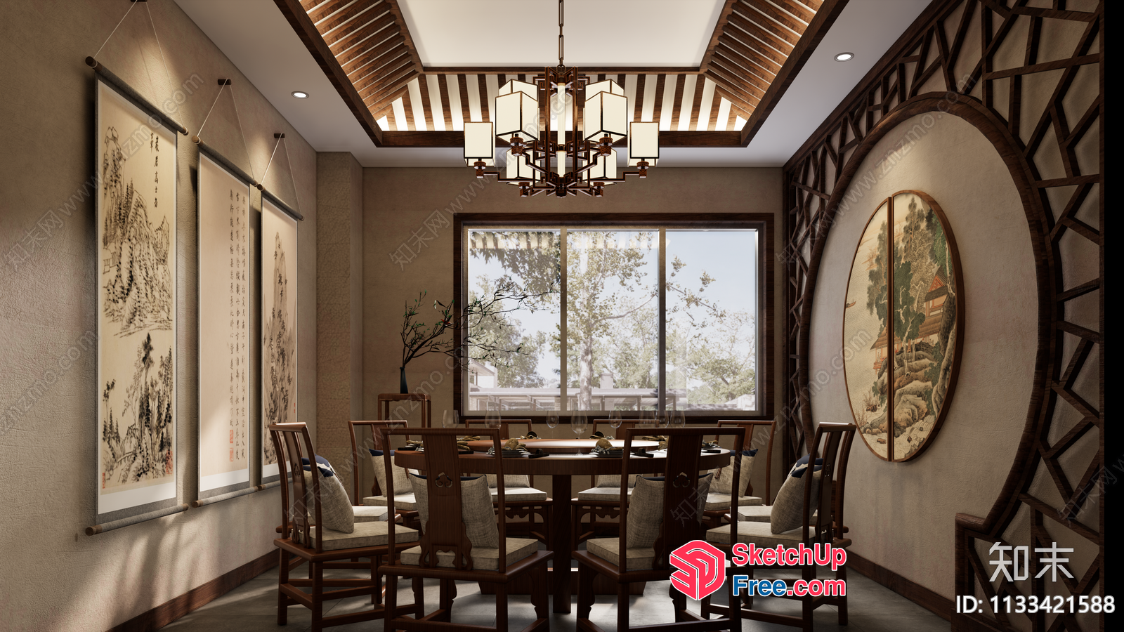 Oriental-Inspired Dining Room With Natural Light 3D SketchUp File