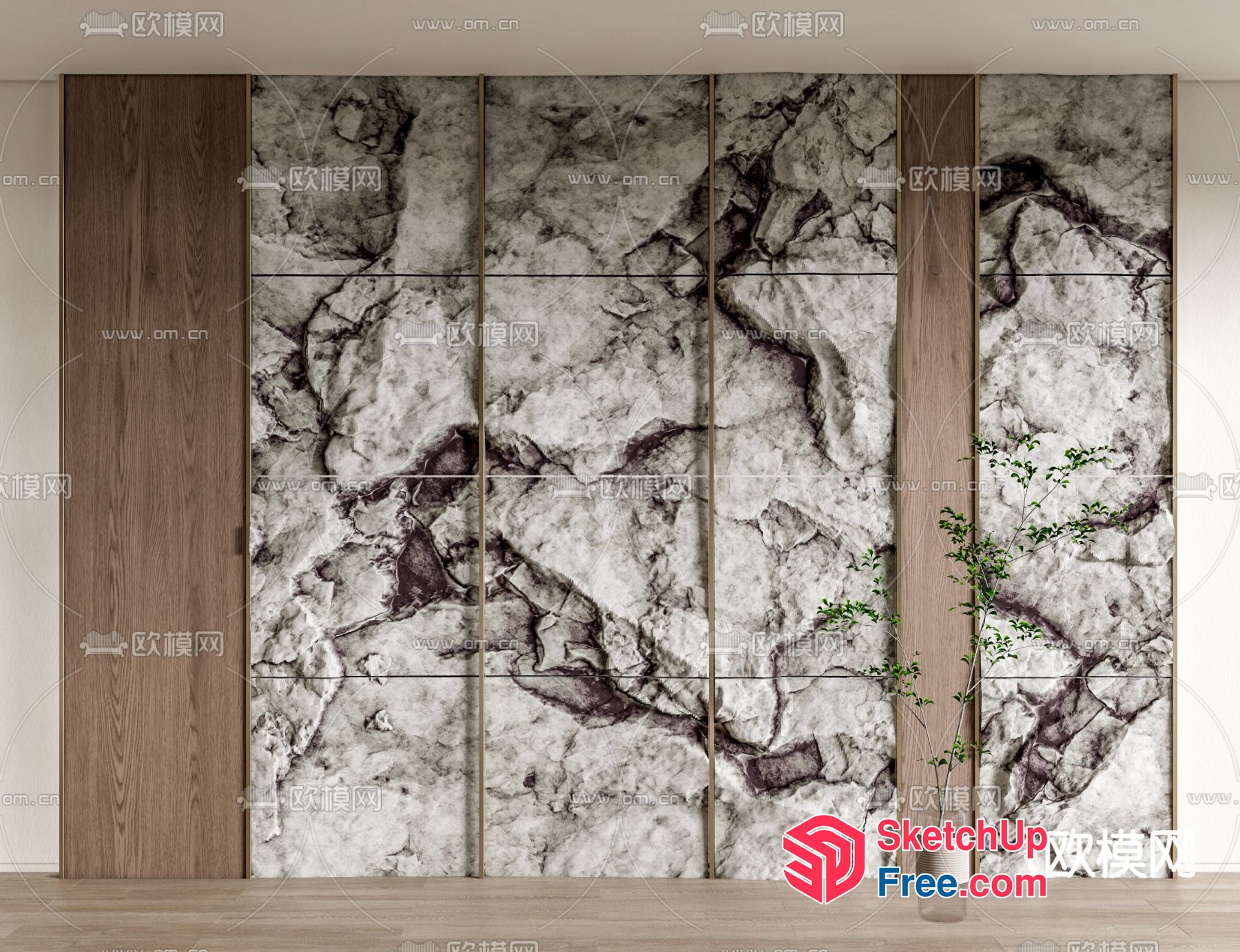 Marble Patterned Wall With Wood Paneling And Plant 3D SketchUp File
