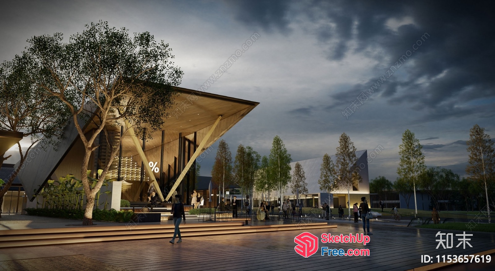 Exterior Modern Building With Unique Roof Design 3D SketchUp File