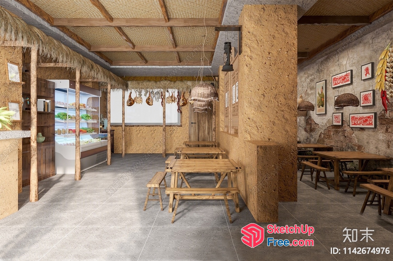 Rustic Commercial Street Interior With Natural Elements 3D SketchUp File
