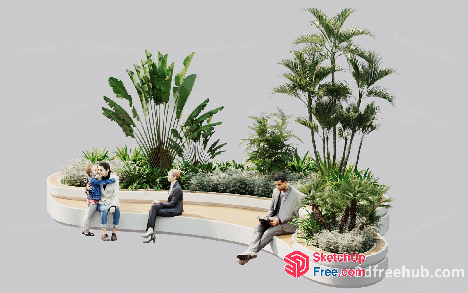 People Sitting On A Long Bench With Plants 3D SketchUp File