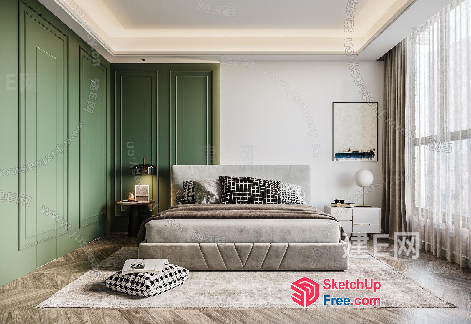 Modern Bedroom With Creamy Style Bed And Pillows 3D SketchUp File