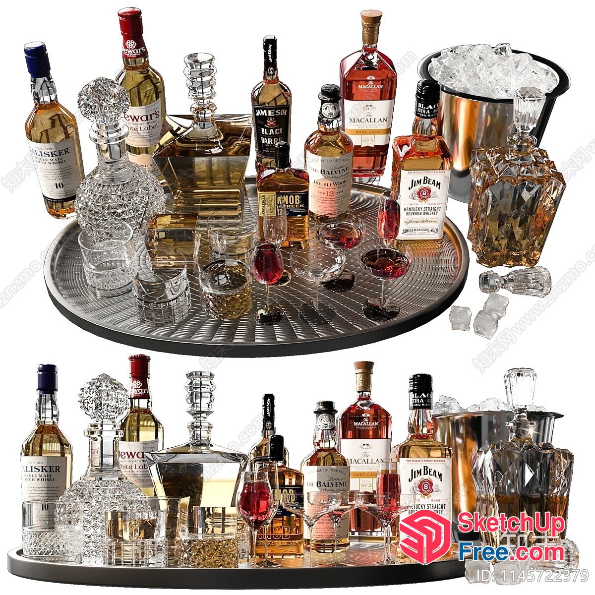 Whiskey Bottles And Glasses On A Round Tray 3D SketchUp File