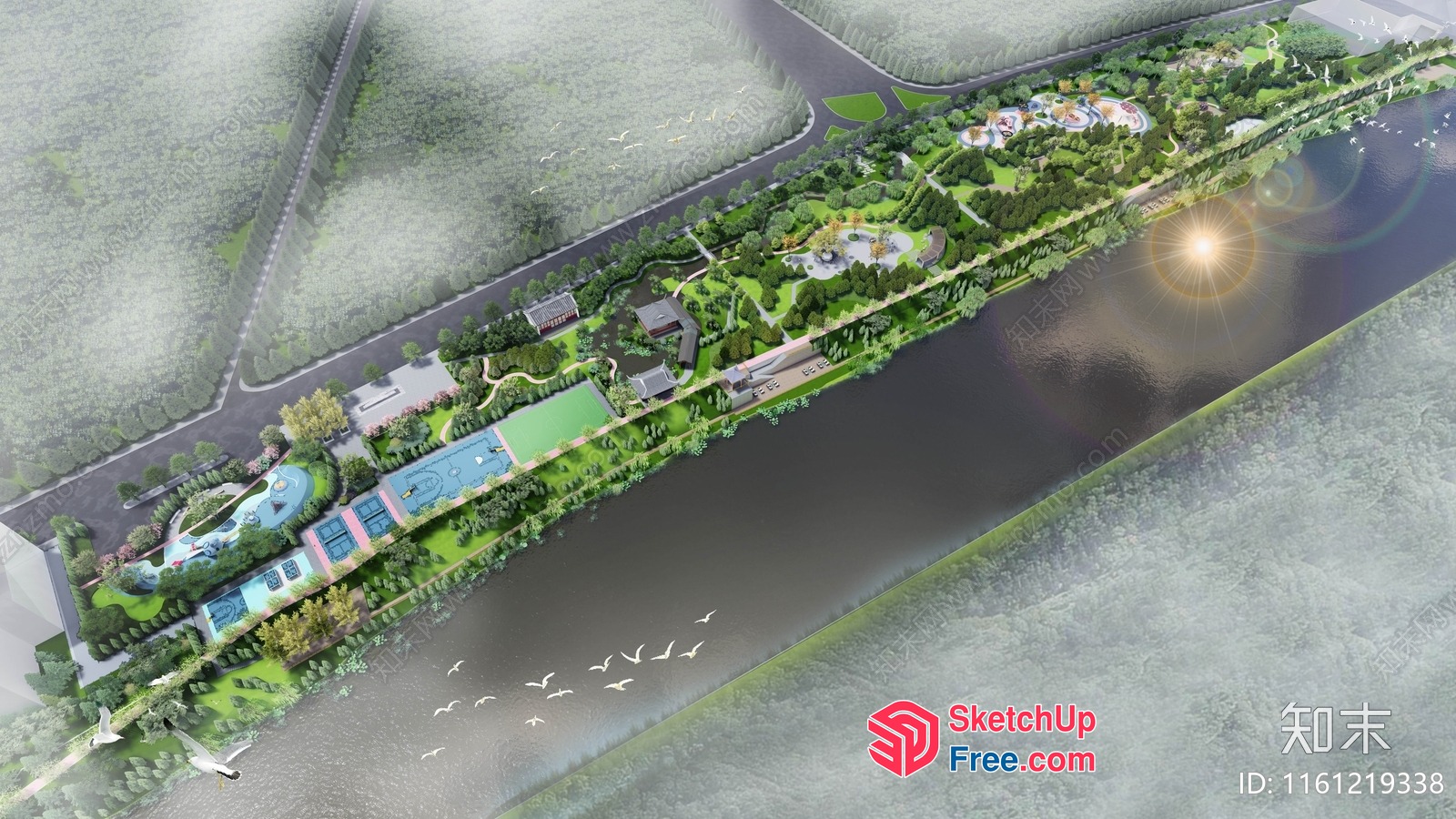 Aerial View Of A Serene Riverfront Park 3D SketchUp File