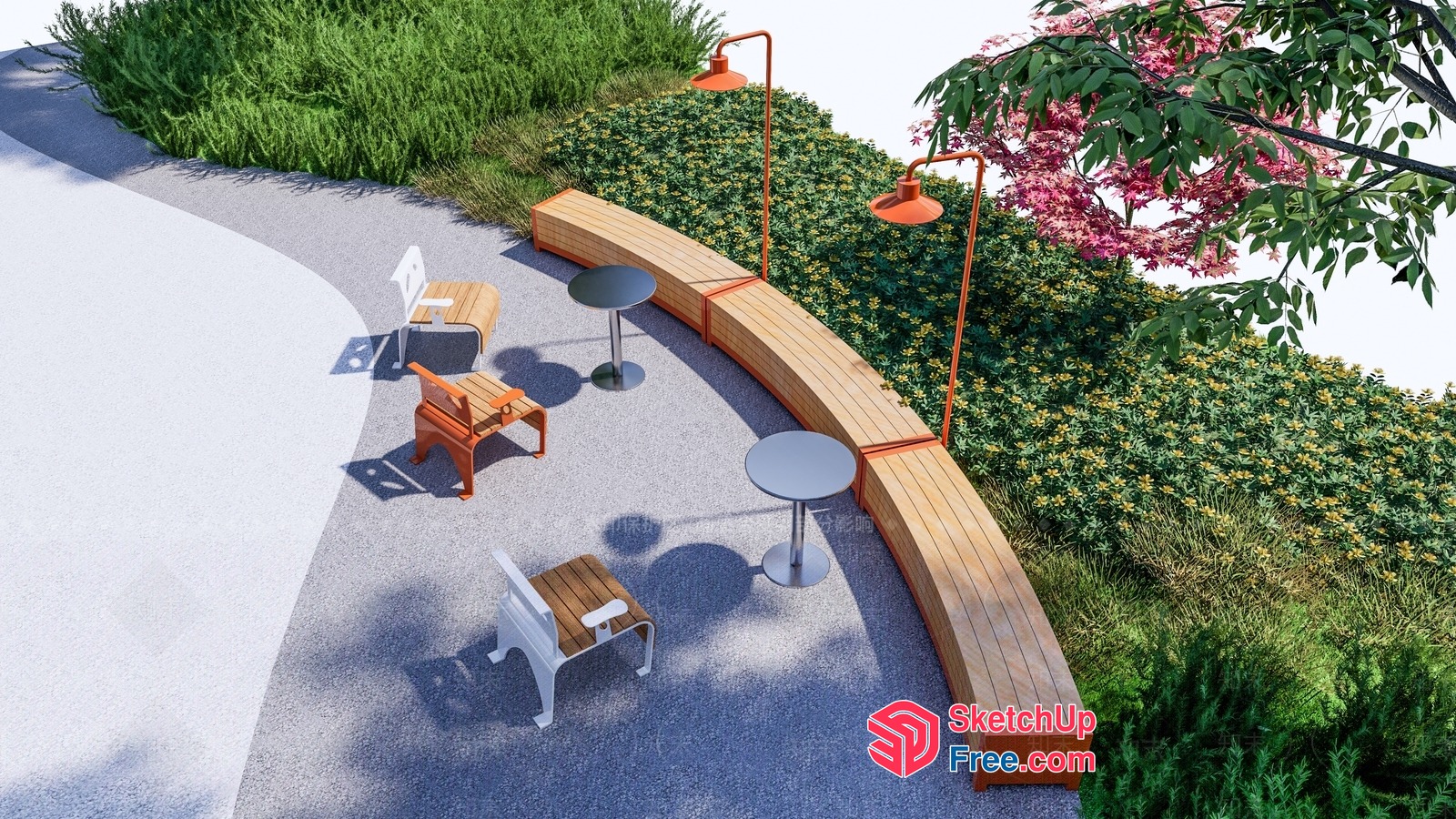 Outdoor Seating Area With Benches And Tables 3D SketchUp File