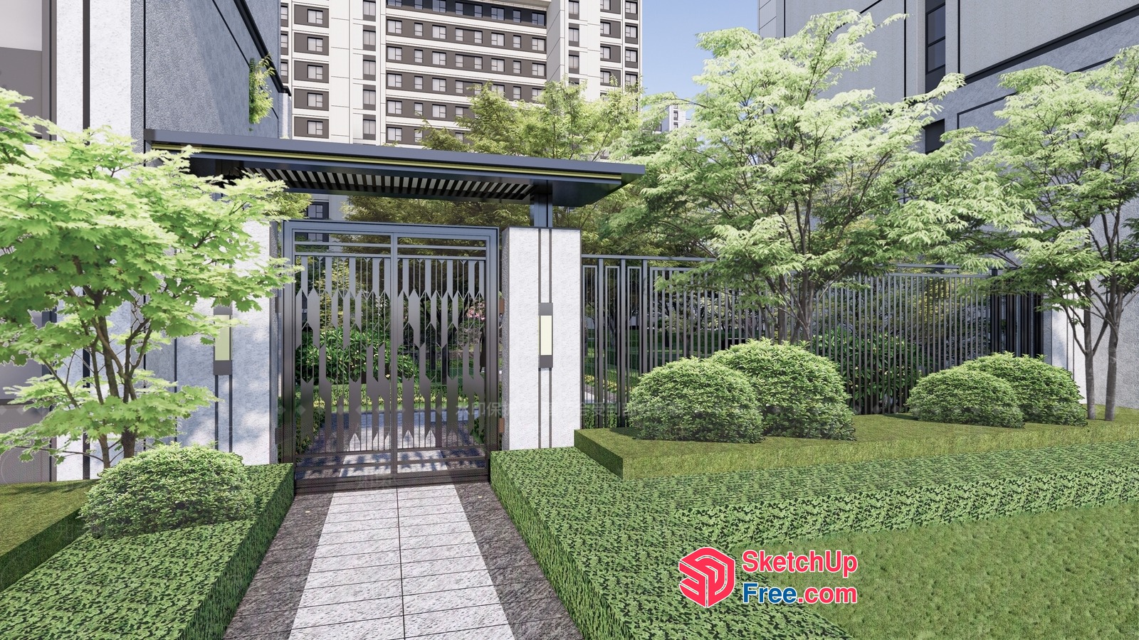 Modern Apartment Building Entrance With Glass Curtain Wall And Stair 3D SketchUp File