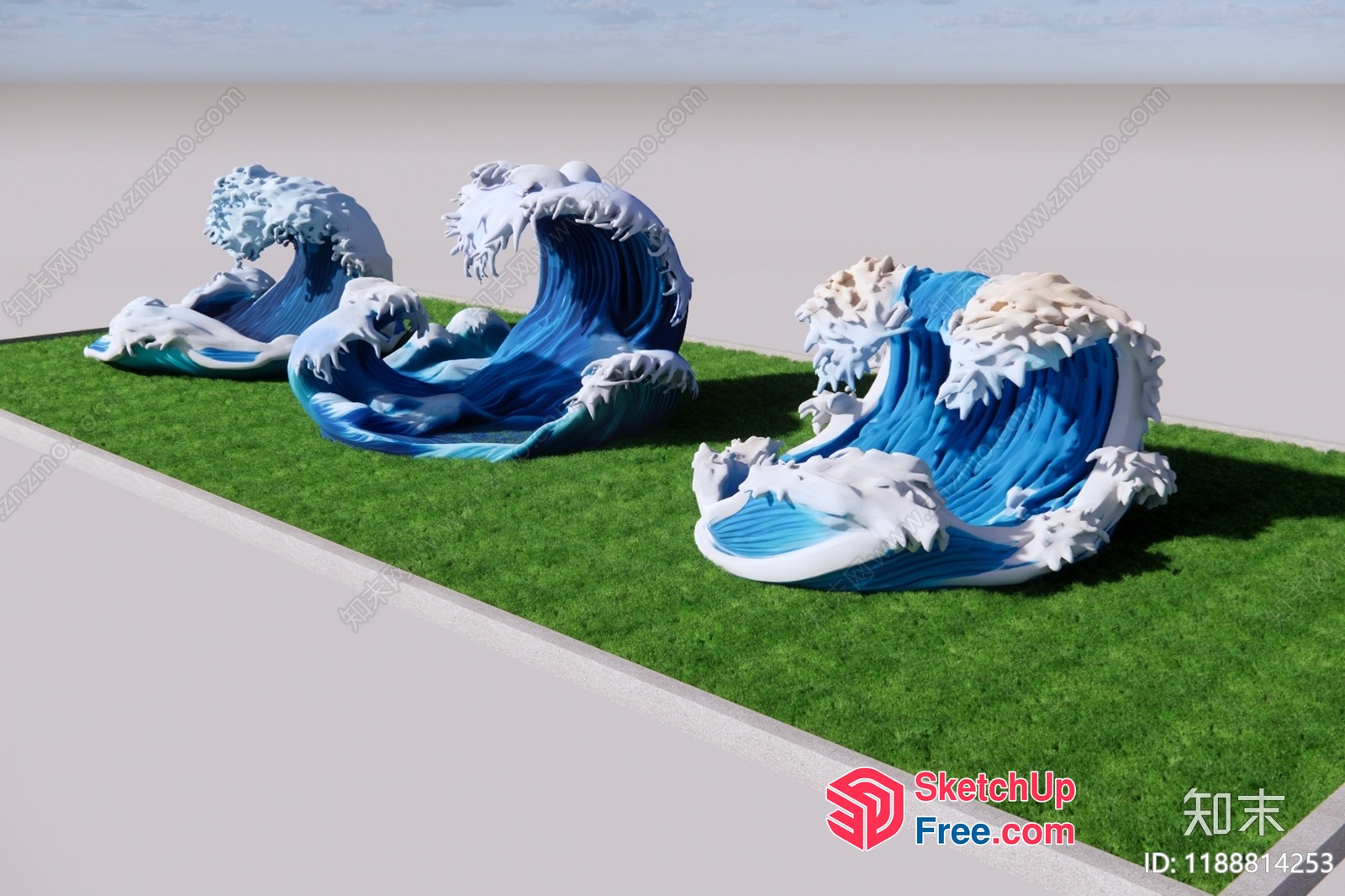 Japanese-Style Wave Sculptures On Artificial Grass 3D SketchUp File
