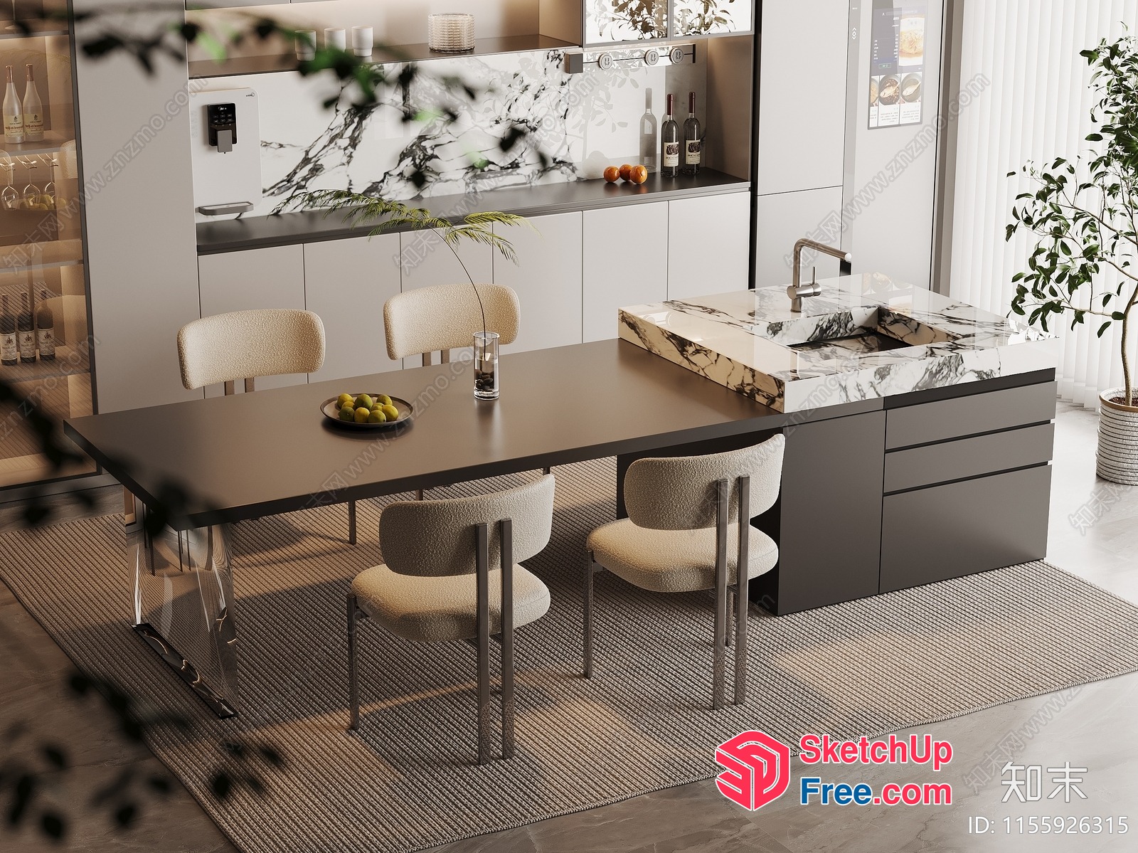 Modern Minimalist Dining Room With Elegant Kitchen Island 3D SketchUp File