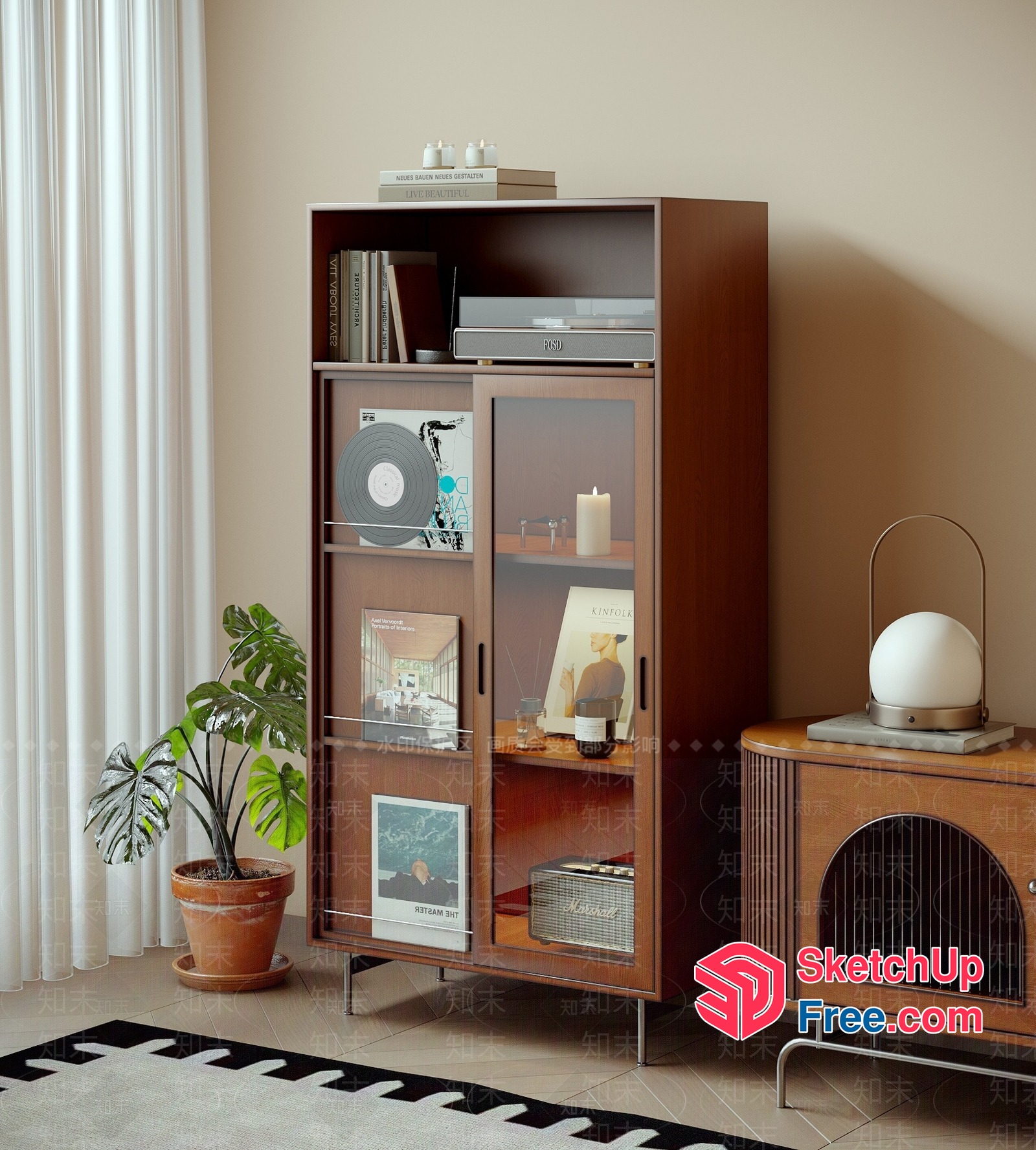 Mid-Century Modern Wood Shelving Unit With Vinyl Record Player 3D SketchUp File