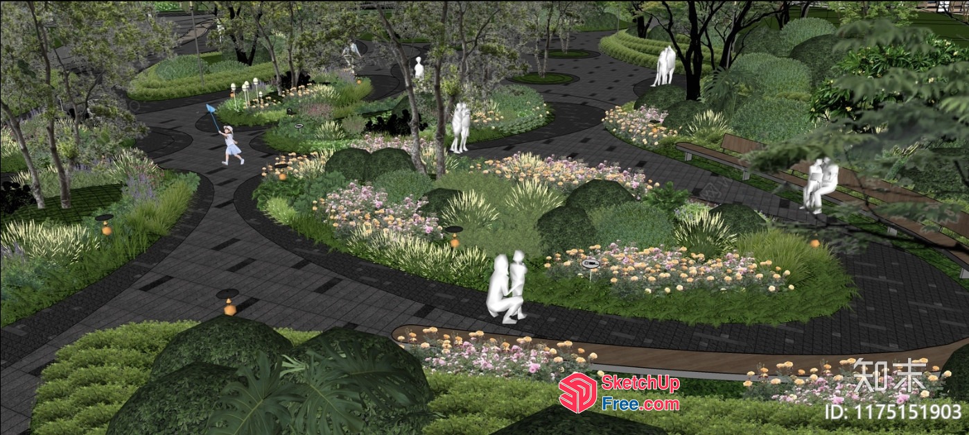 Modern Outdoor Park With Greenery And Seating 3D SketchUp File