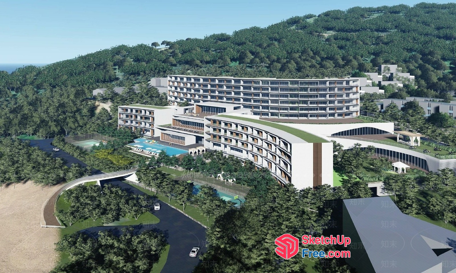 Modern Hotel With Pool And Parking 3D SketchUp File
