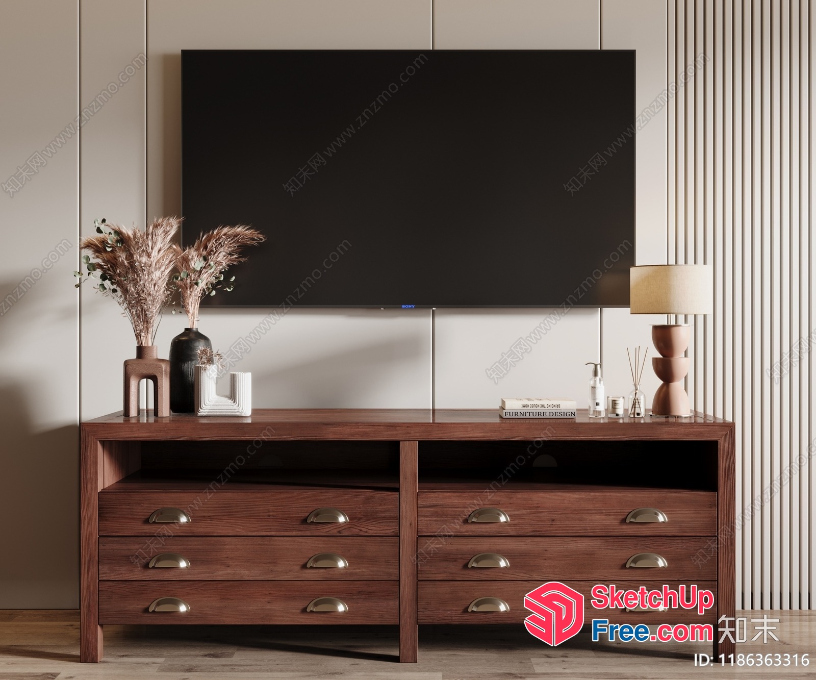 Minimalist Tv Wall Decor With Wooden Furniture 3D SketchUp File