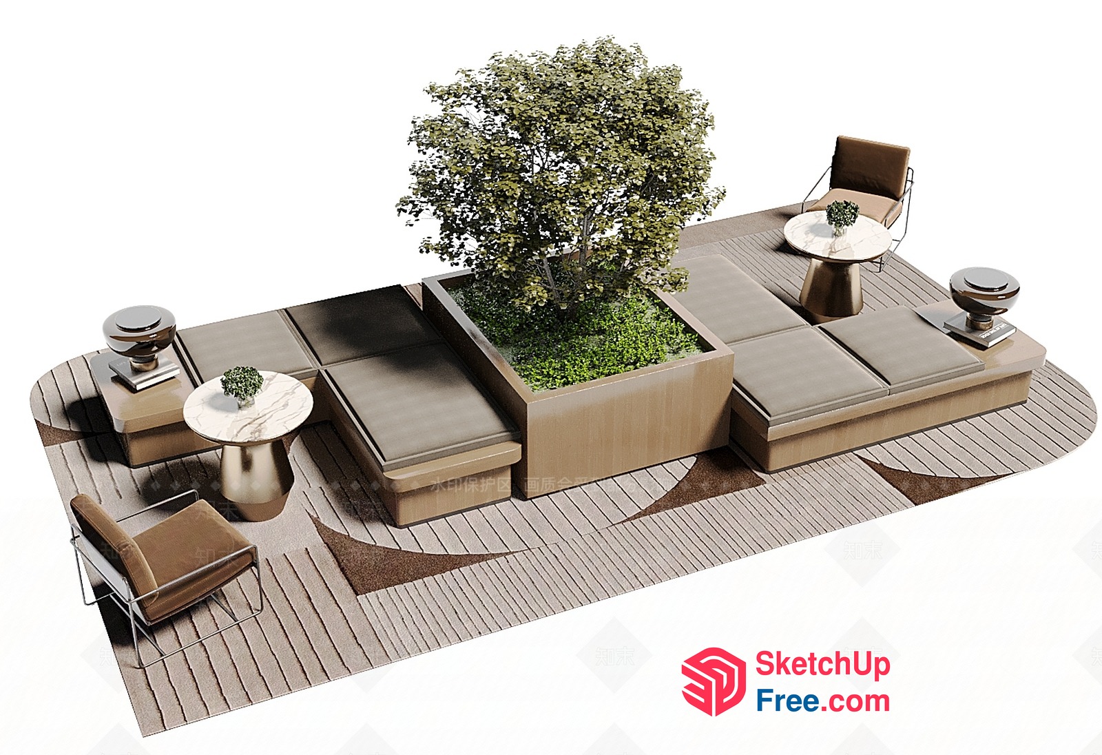 Modern Outdoor Seating Area With Trees 3D SketchUp File