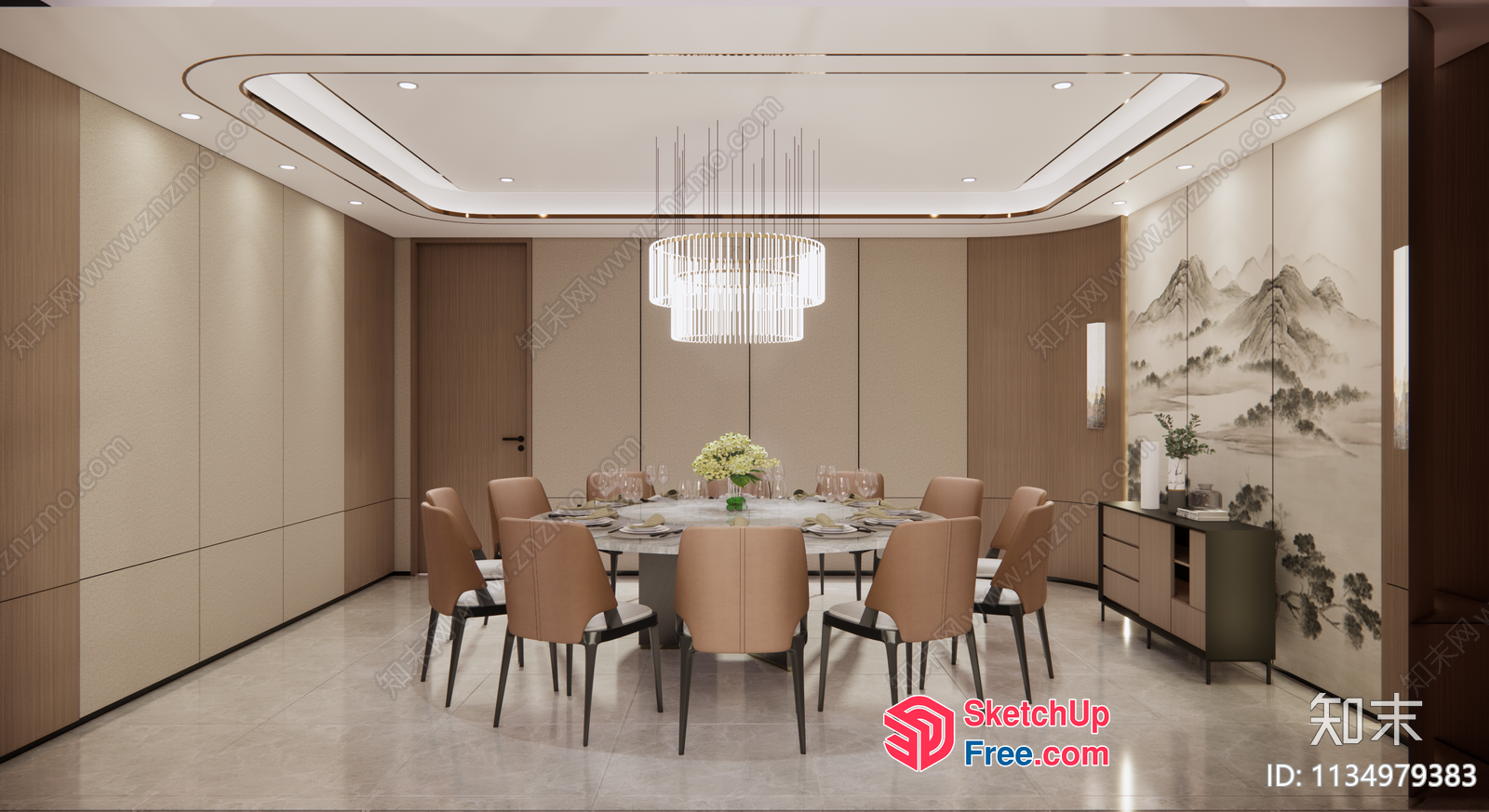 Modern Dining Room With Elegant Chandelier 3D SketchUp File