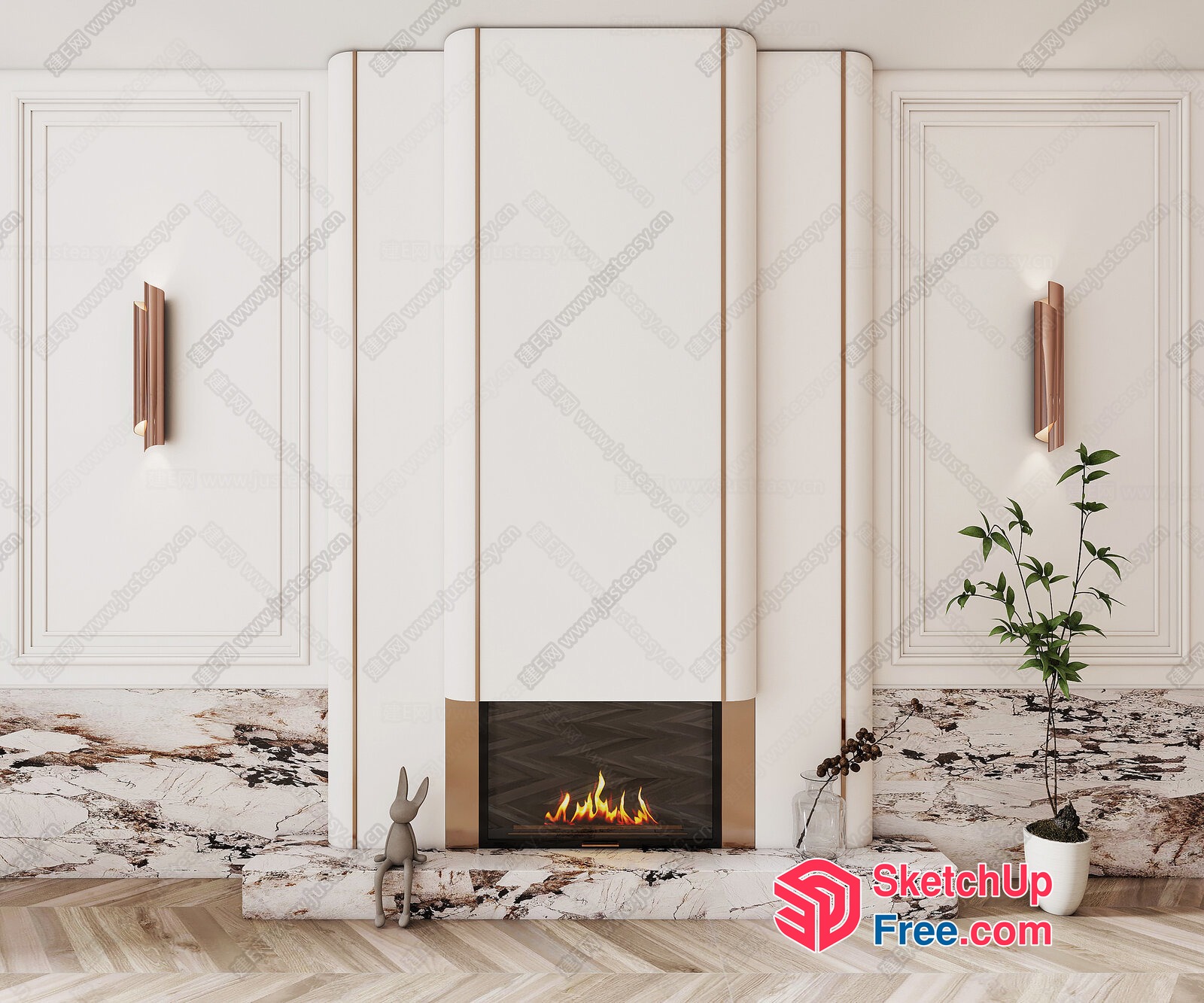 Elegant Fireplace With White And Gold Accents 3D SketchUp File