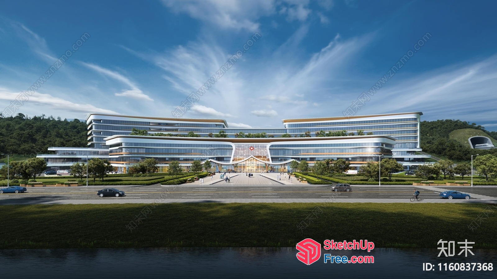 Large Modern Office Building With Glass Curtain Wall And Parking Lot 3D SketchUp File