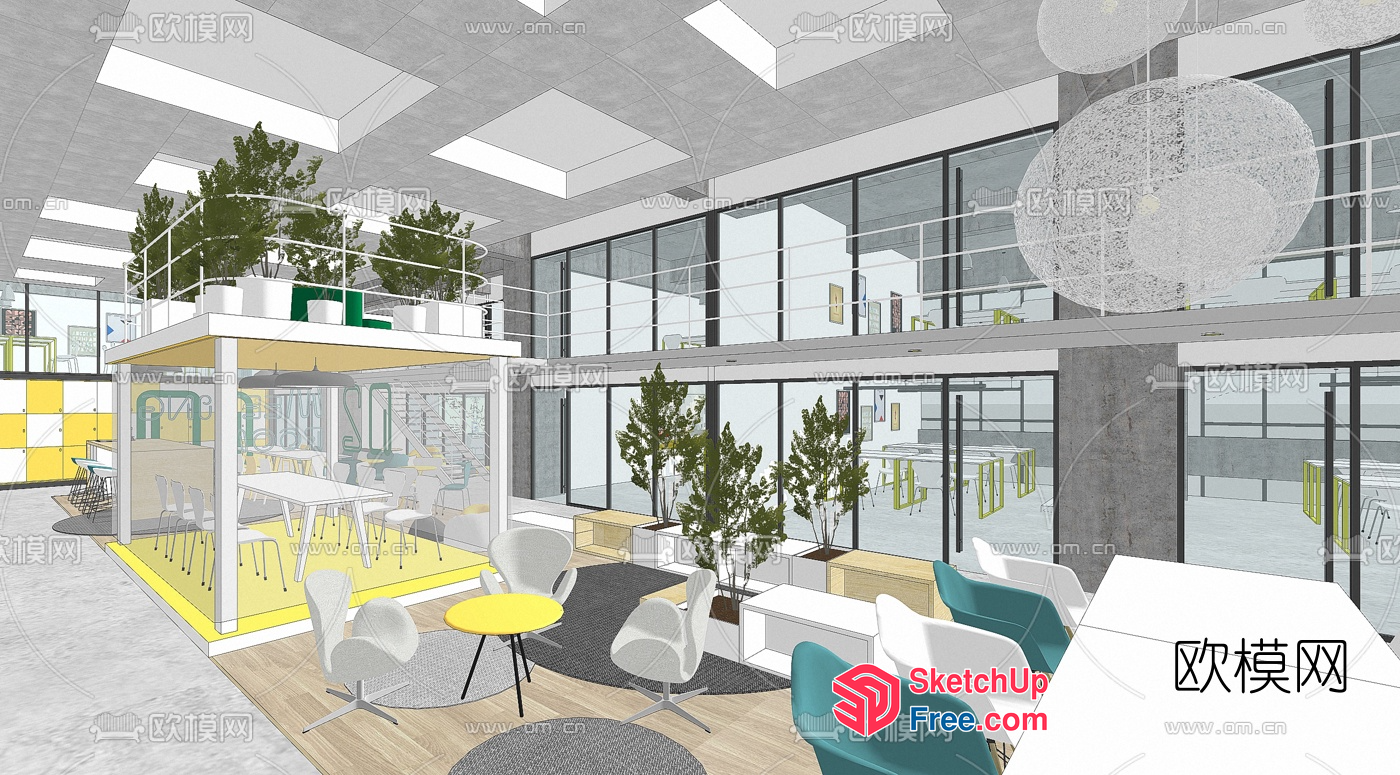 Modern Open-Plan Office Space With Glass Curtain Wall And Minimalist Decor 3D SketchUp File