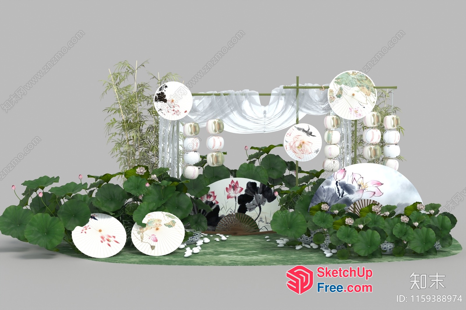 Asian-Inspired Decor With Lotus Flowers And Lanterns 3D SketchUp File